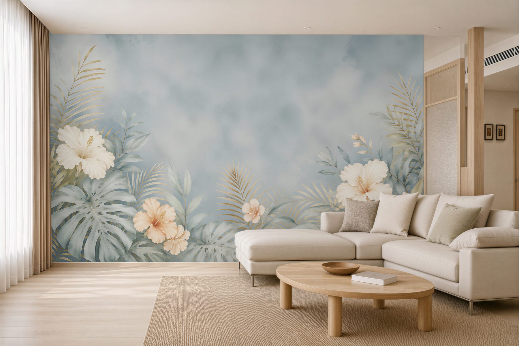 Fototapeta hibiskusy i liście tropikalne błękitno beżowa elegancka?v23