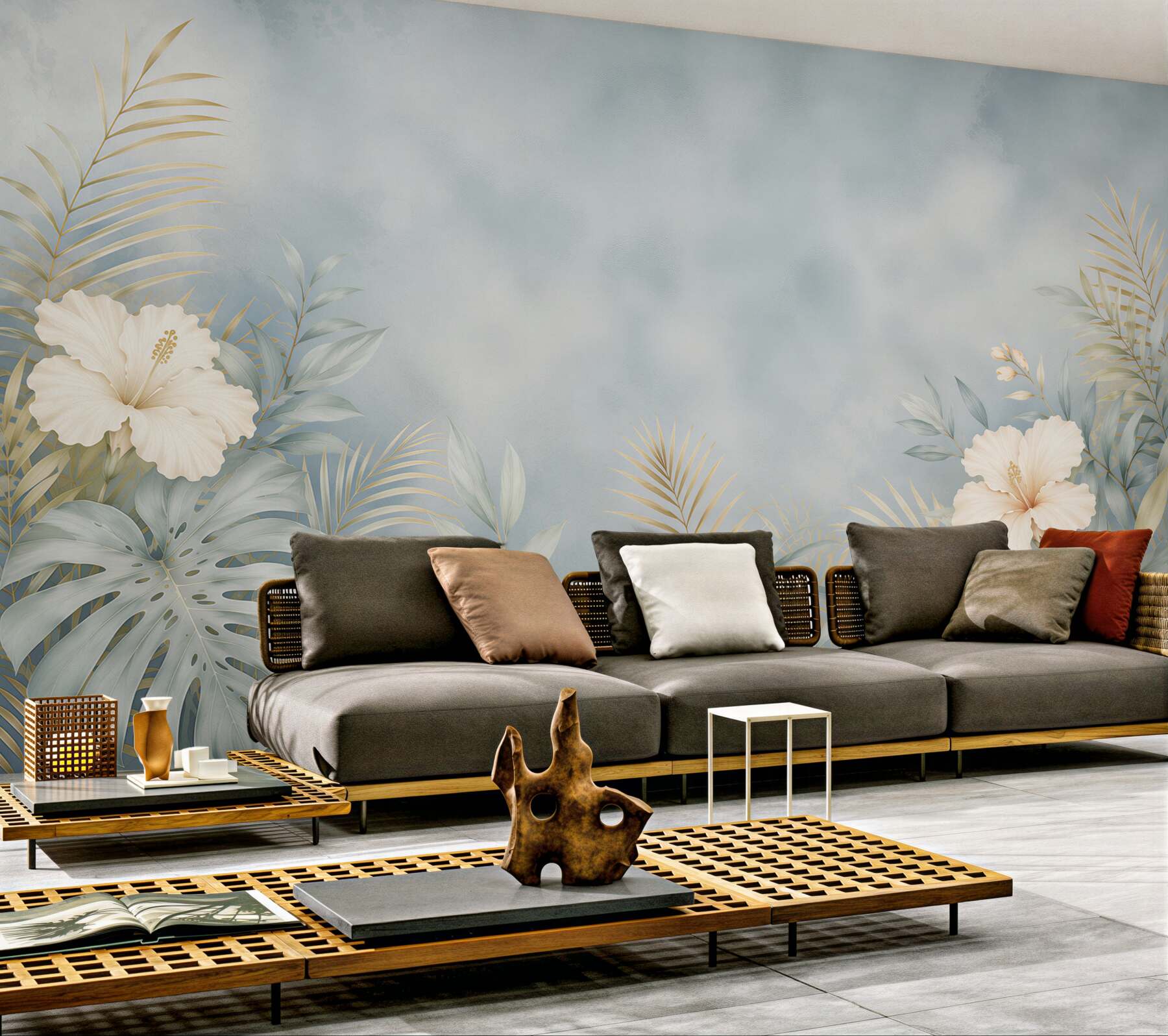 Fototapeta hibiskusy i liście tropikalne błękitno beżowa elegancka?v23