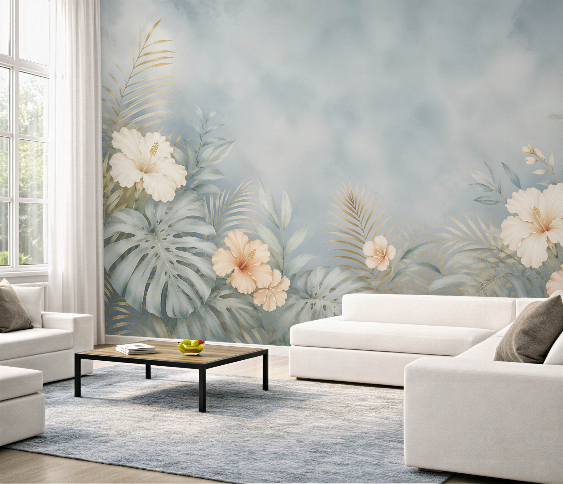 Fototapeta hibiskusy i liście tropikalne błękitno beżowa elegancka?v23