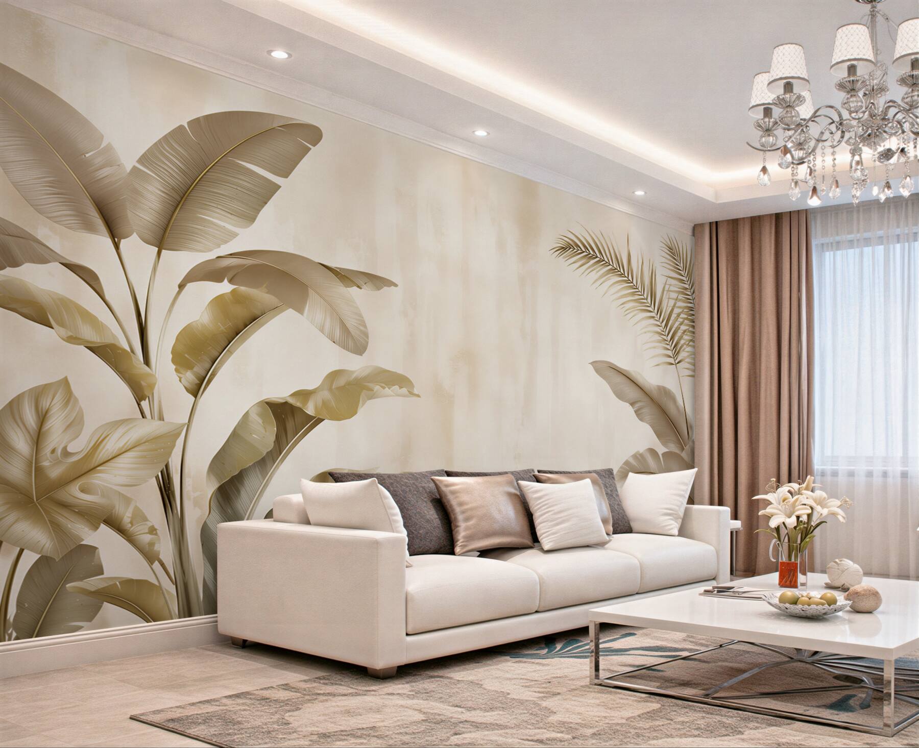 Fototapeta beżowe liście tropikalne subtelna botaniczna elegancja?v23