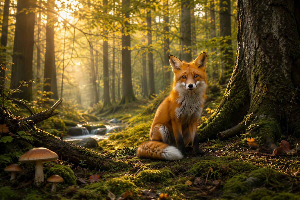 Fototapeta lis w lesie o poranku naturalna leśna sceneria