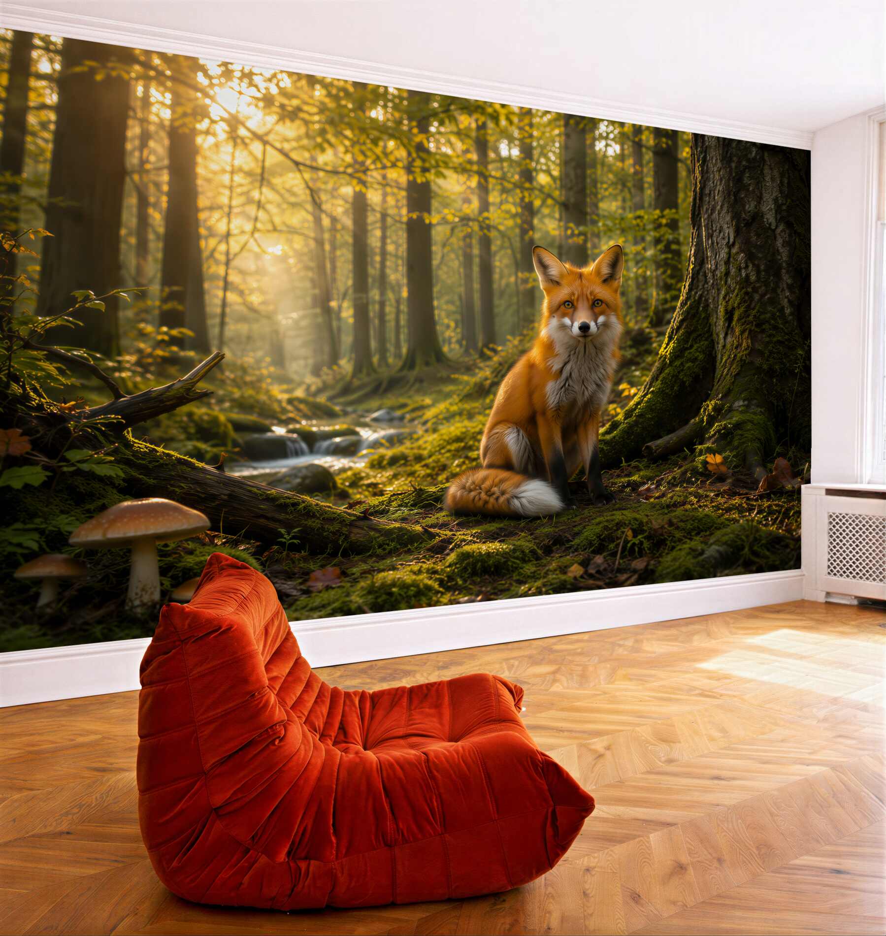 Fototapeta lis w lesie o poranku naturalna leśna sceneria?v23