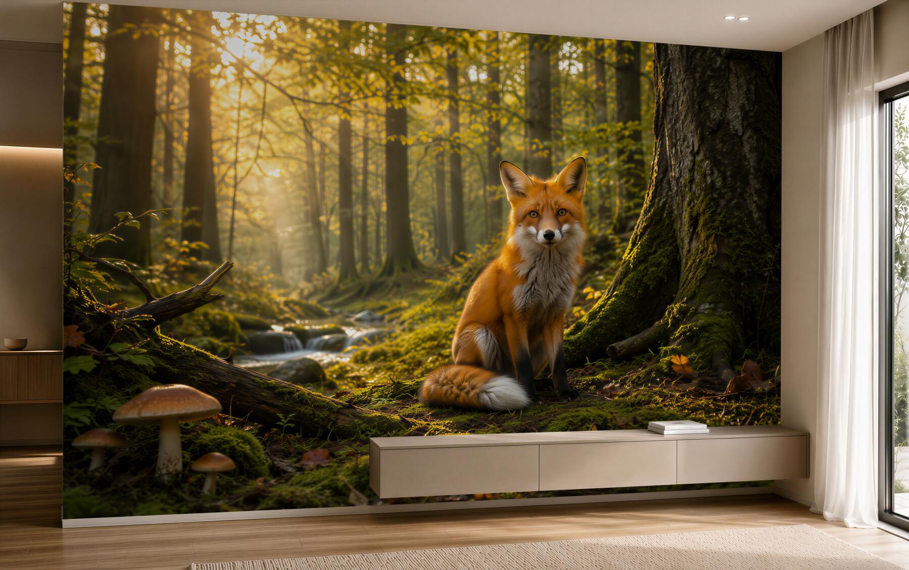 Fototapeta lis w lesie o poranku naturalna leśna sceneria?v23