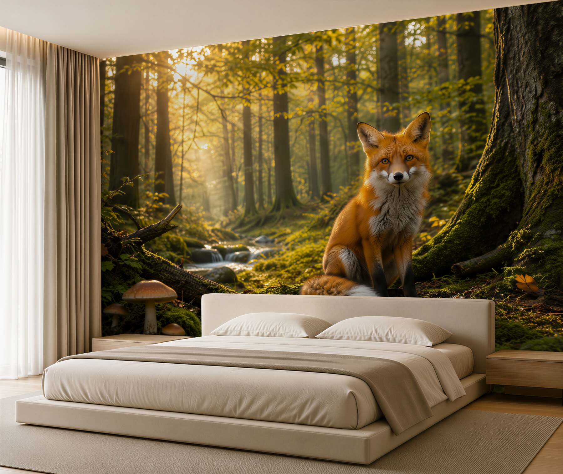 Fototapeta lis w lesie o poranku naturalna leśna sceneria?v23