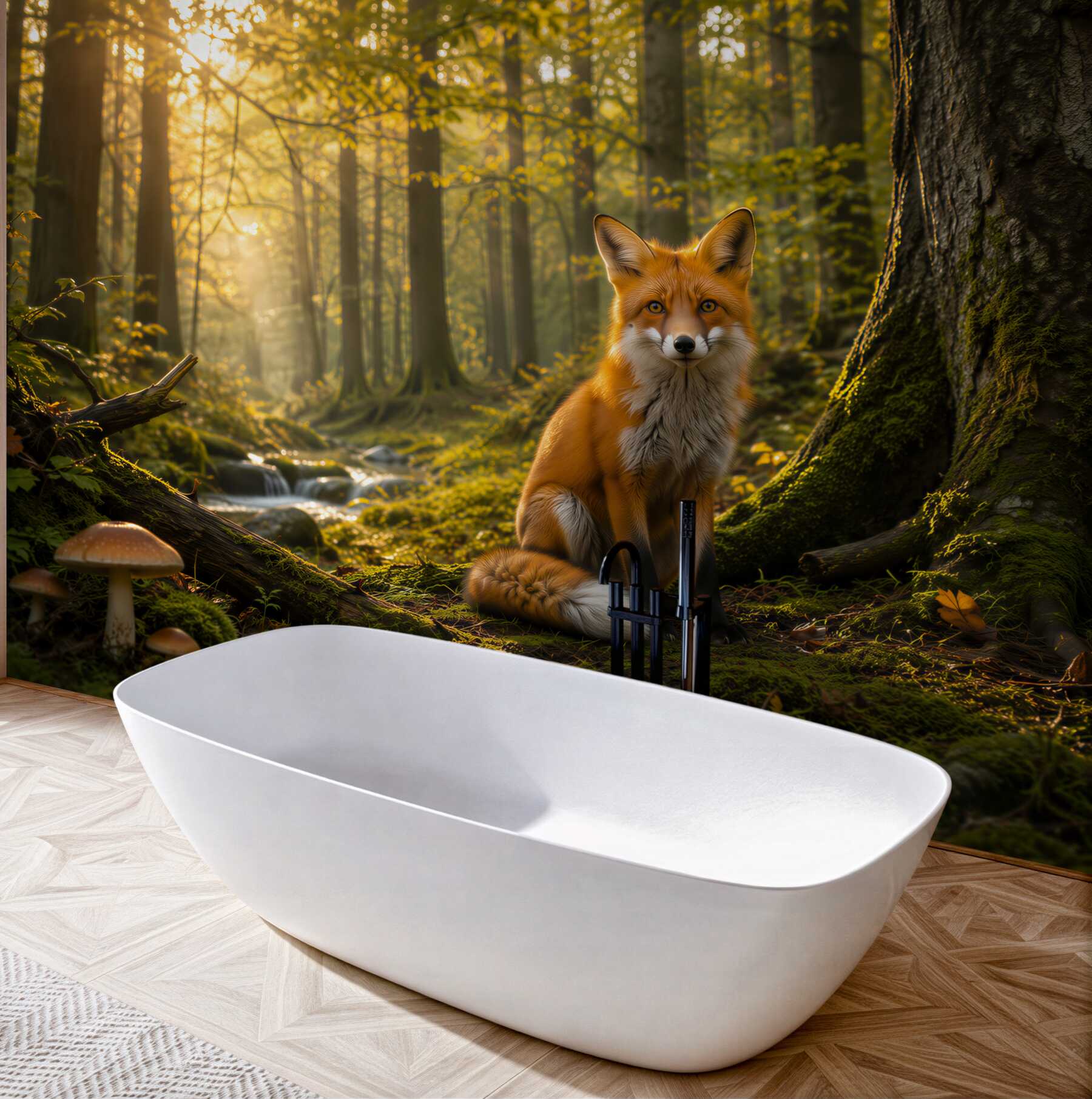 Fototapeta lis w lesie o poranku naturalna leśna sceneria?v23