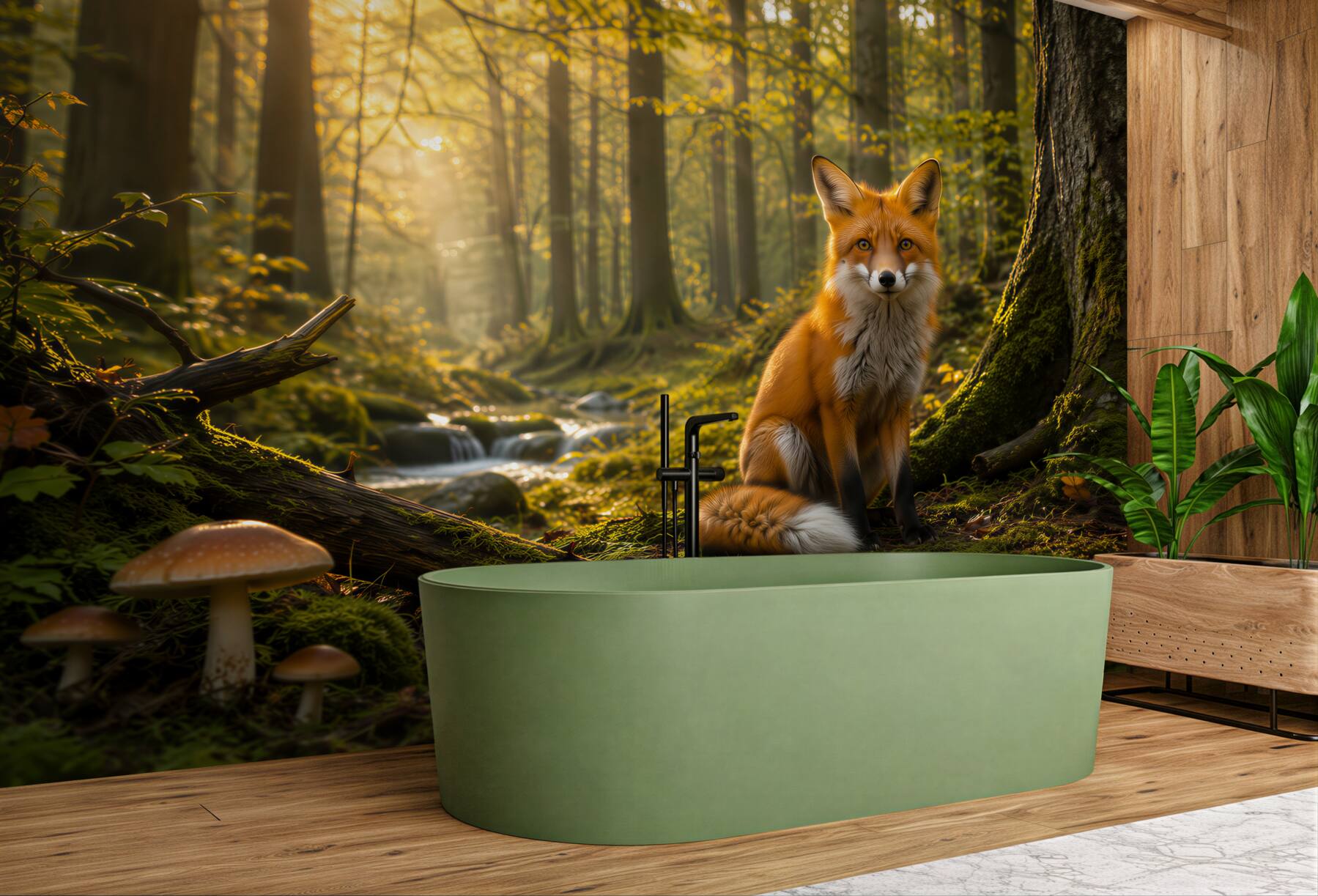 Fototapeta lis w lesie o poranku naturalna leśna sceneria?v23