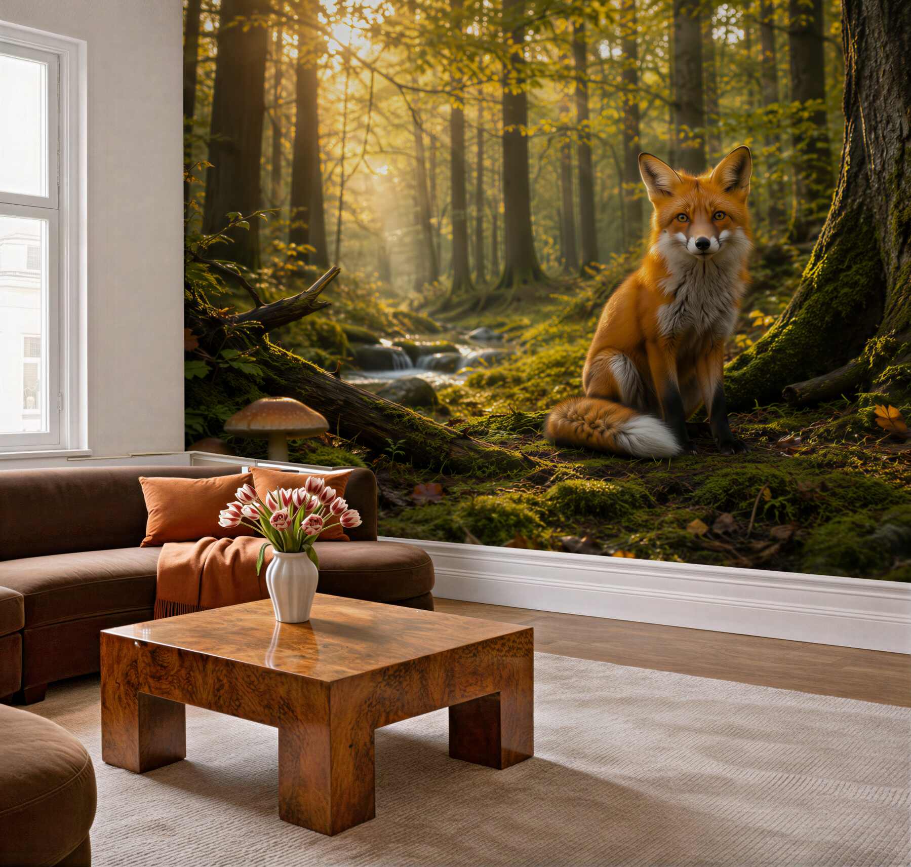 Fototapeta lis w lesie o poranku naturalna leśna sceneria?v23