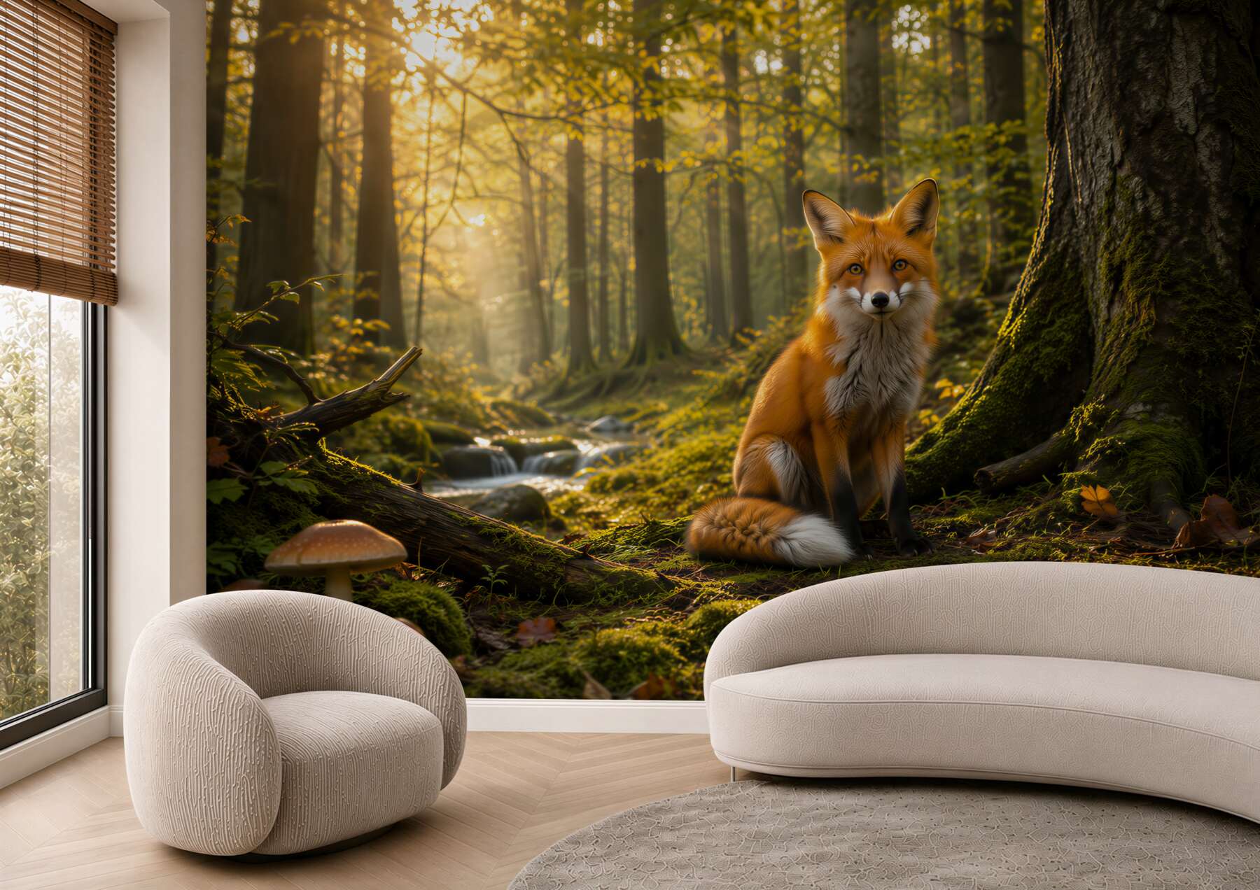 Fototapeta lis w lesie o poranku naturalna leśna sceneria?v23