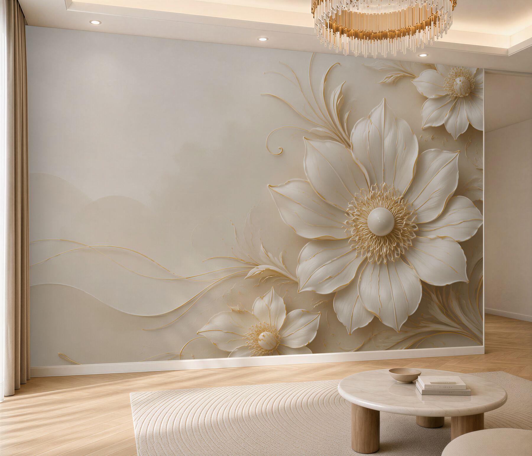 Fototapeta kremowe kwiaty 3D ze złotymi liniami elegancka?v23