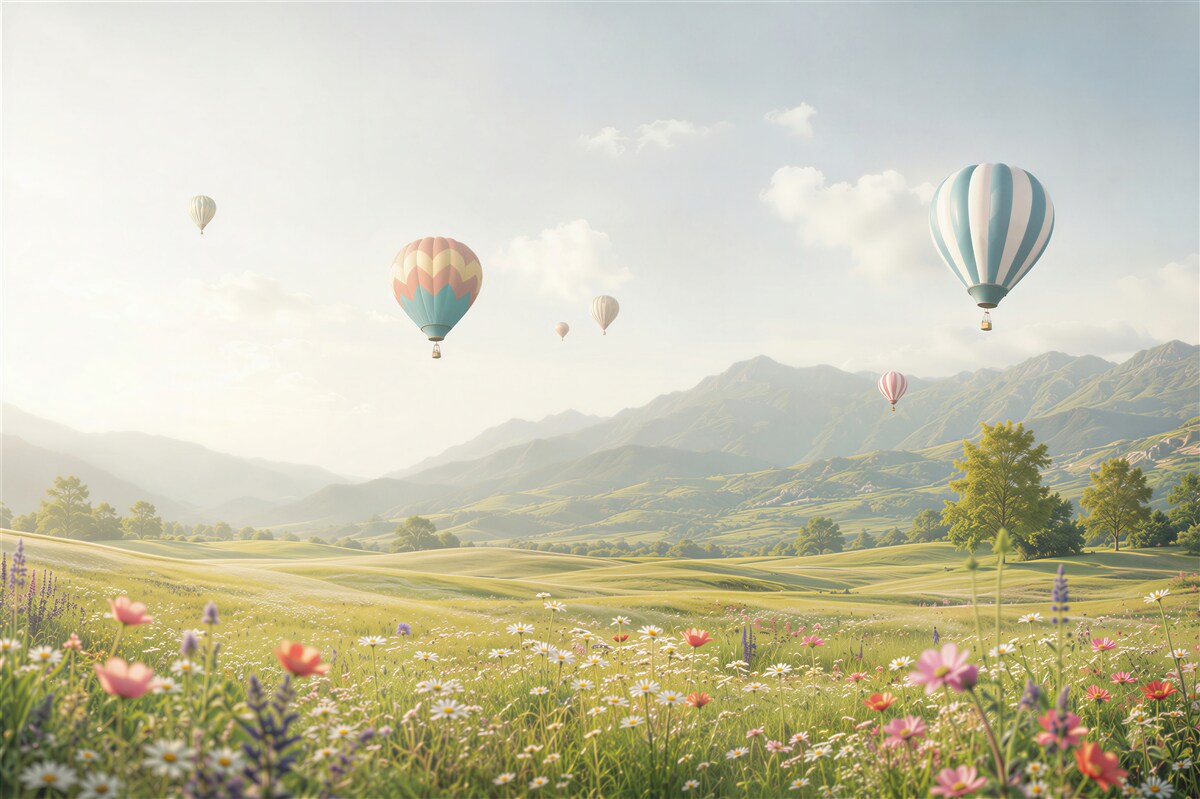 Fototapeta balony nad górską łąką pastelowy krajobraz