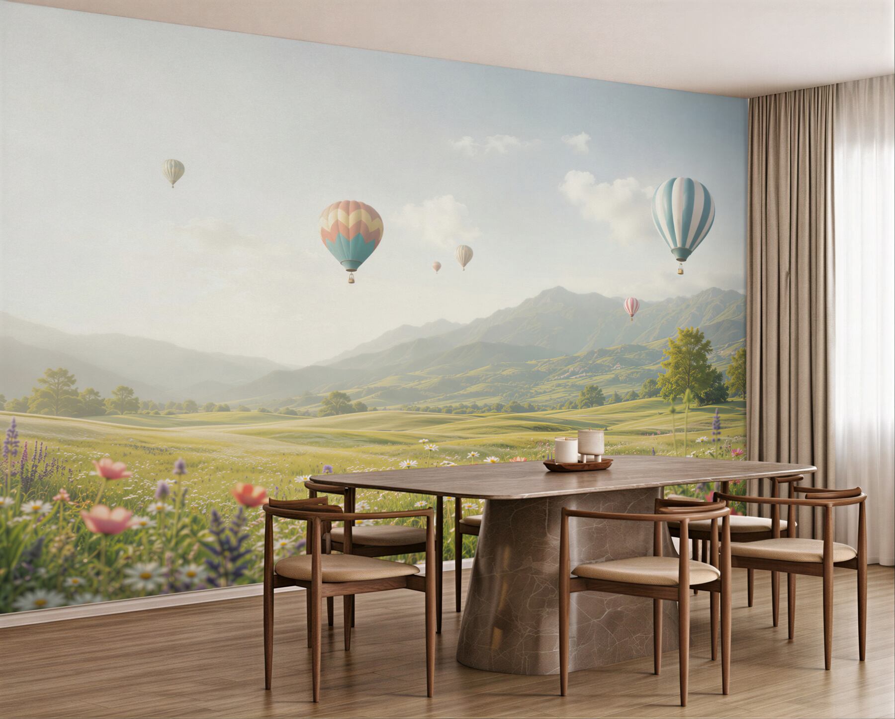 Fototapeta balony nad górską łąką pastelowy krajobraz?v23