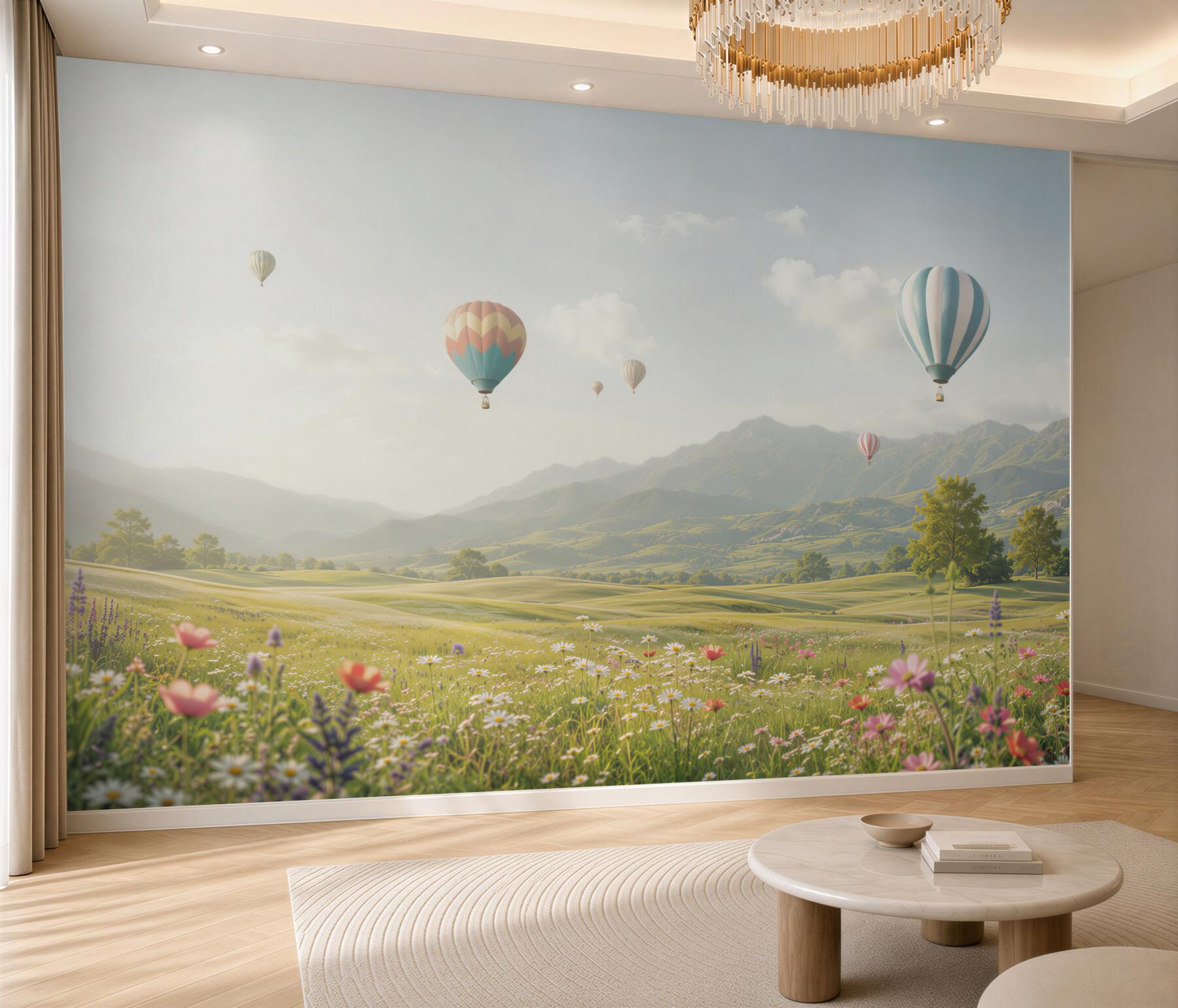 Fototapeta balony nad górską łąką pastelowy krajobraz?v23