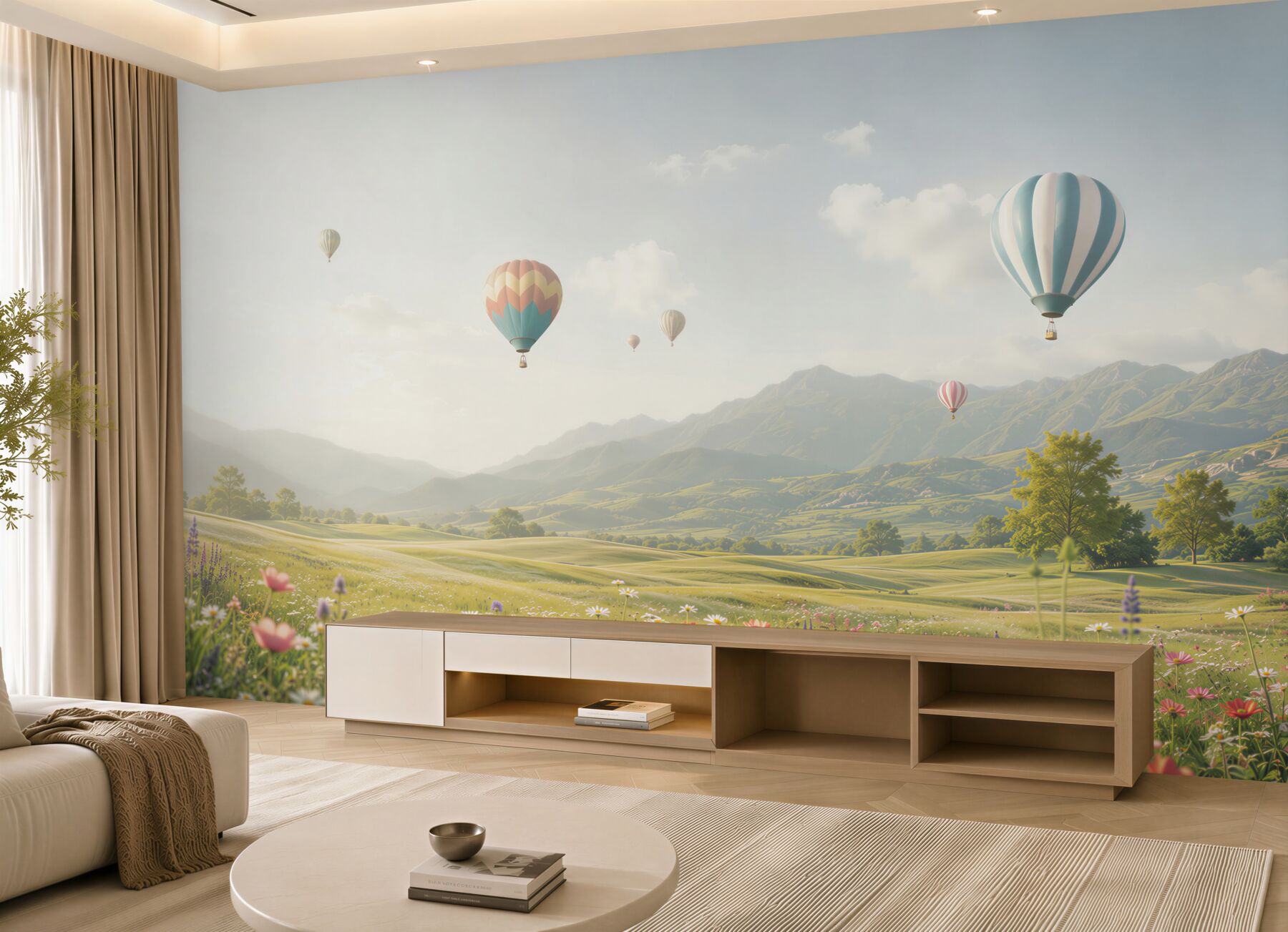 Fototapeta balony nad górską łąką pastelowy krajobraz?v23
