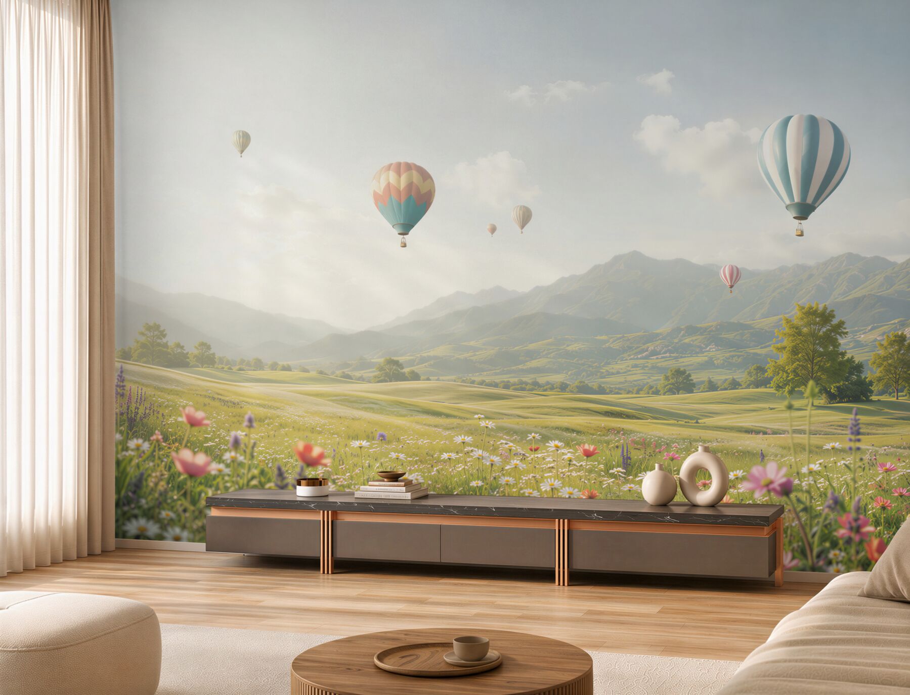 Fototapeta balony nad górską łąką pastelowy krajobraz?v23
