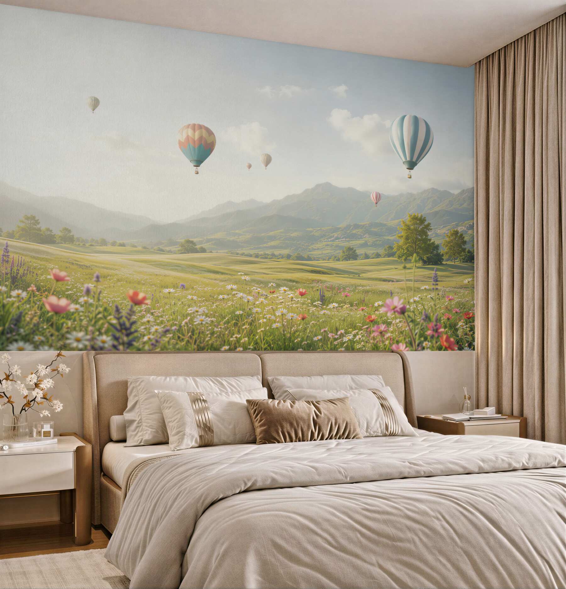 Fototapeta balony nad górską łąką pastelowy krajobraz?v23