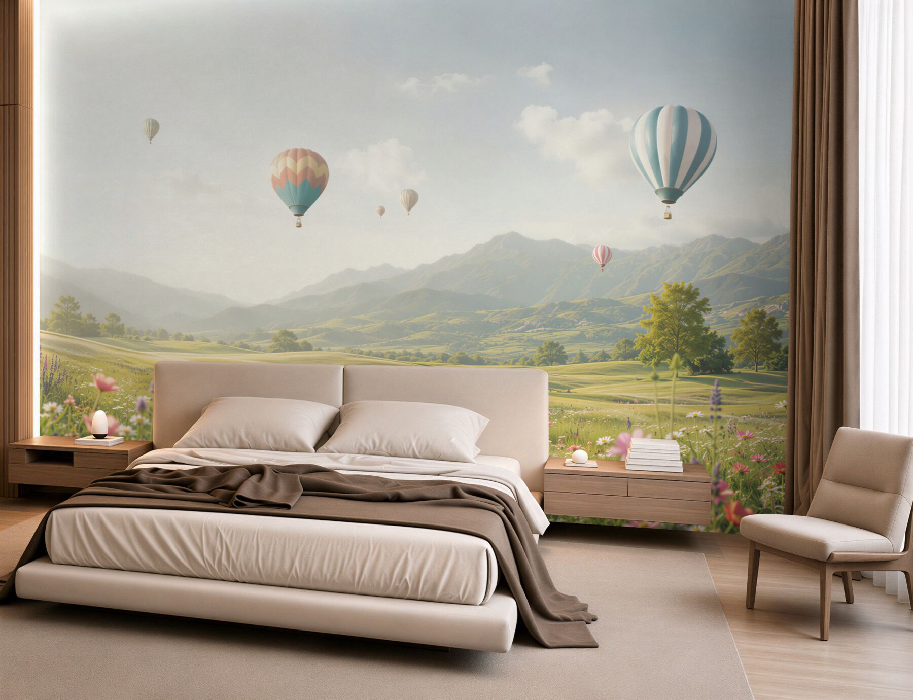 Fototapeta balony nad górską łąką pastelowy krajobraz?v23