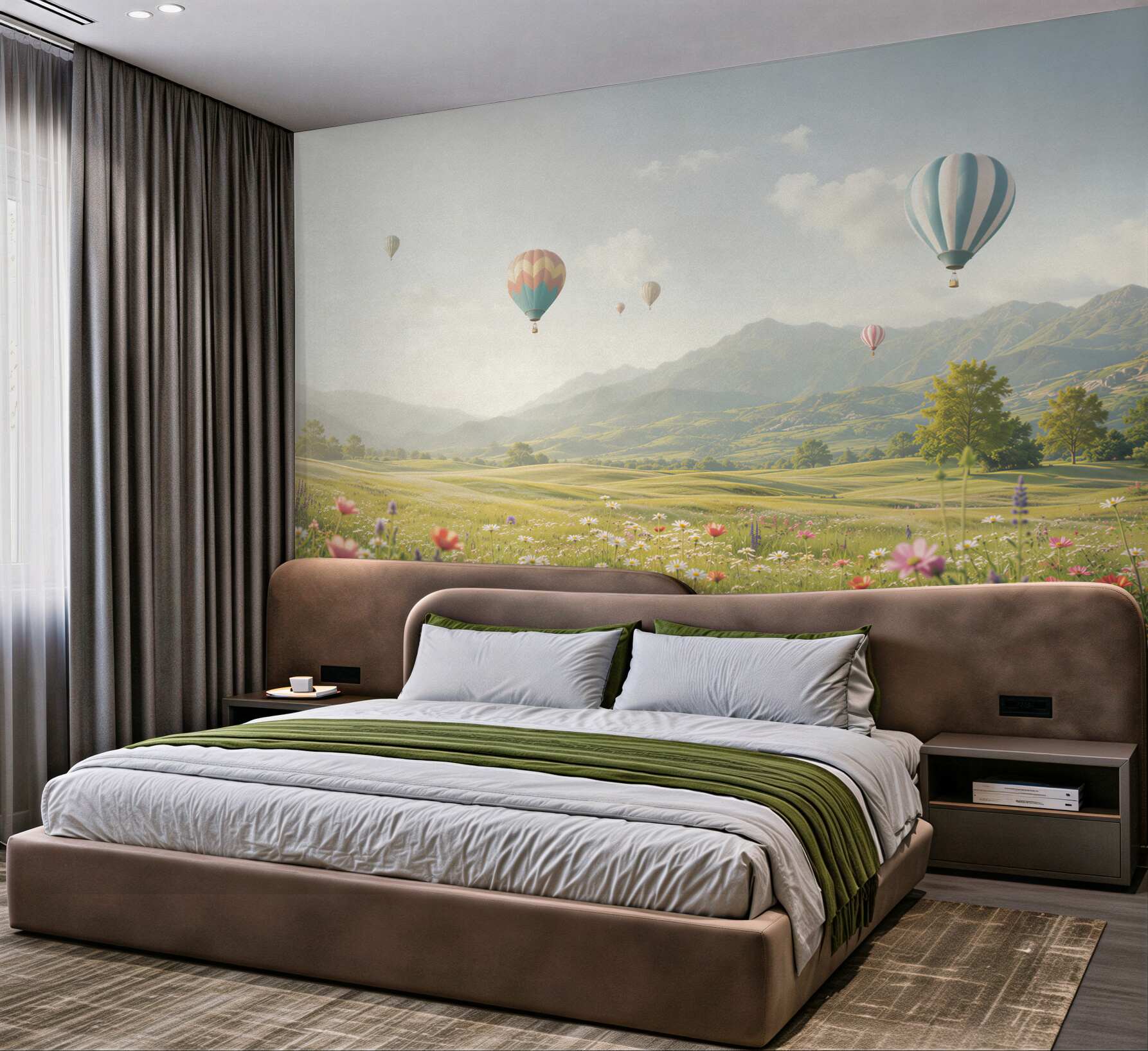 Fototapeta balony nad górską łąką pastelowy krajobraz?v23