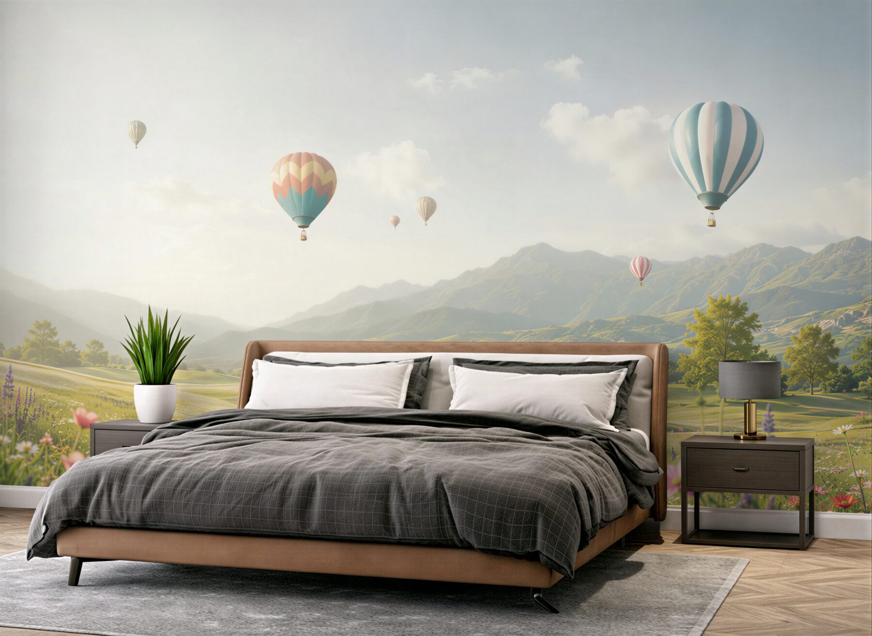 Fototapeta balony nad górską łąką pastelowy krajobraz?v23