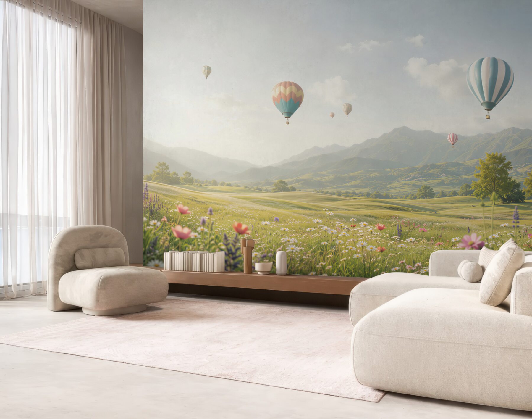 Fototapeta balony nad górską łąką pastelowy krajobraz?v23