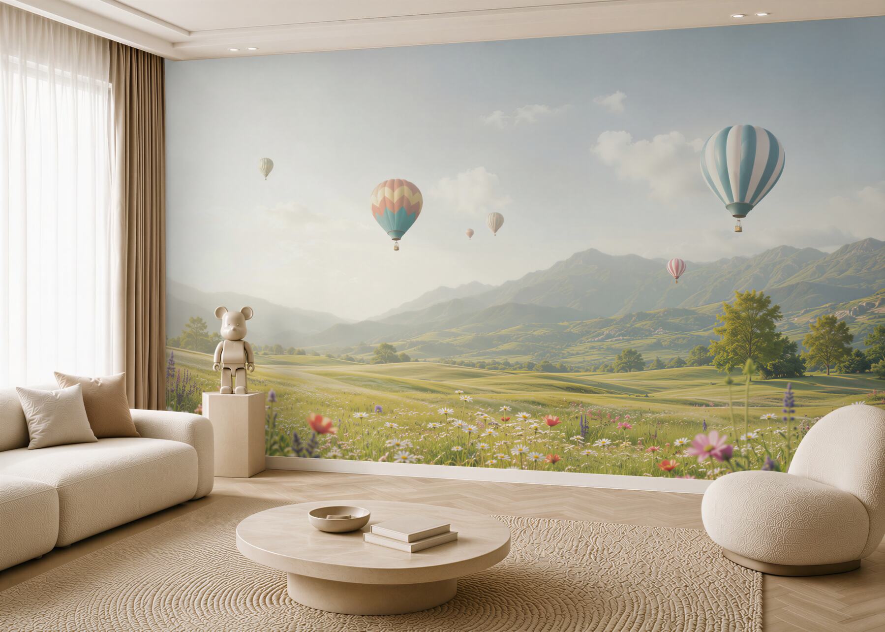 Fototapeta balony nad górską łąką pastelowy krajobraz?v23