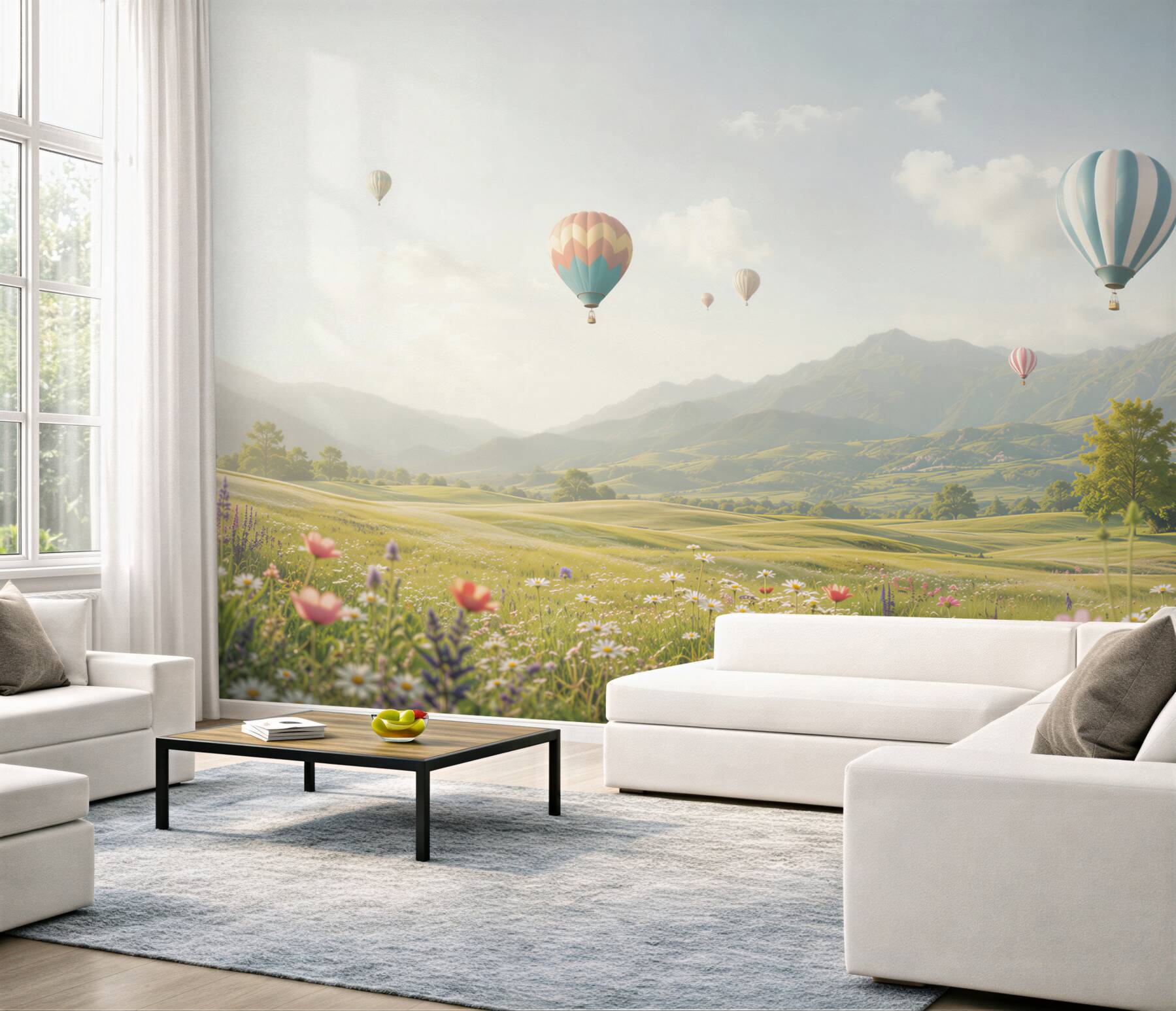 Fototapeta balony nad górską łąką pastelowy krajobraz?v23