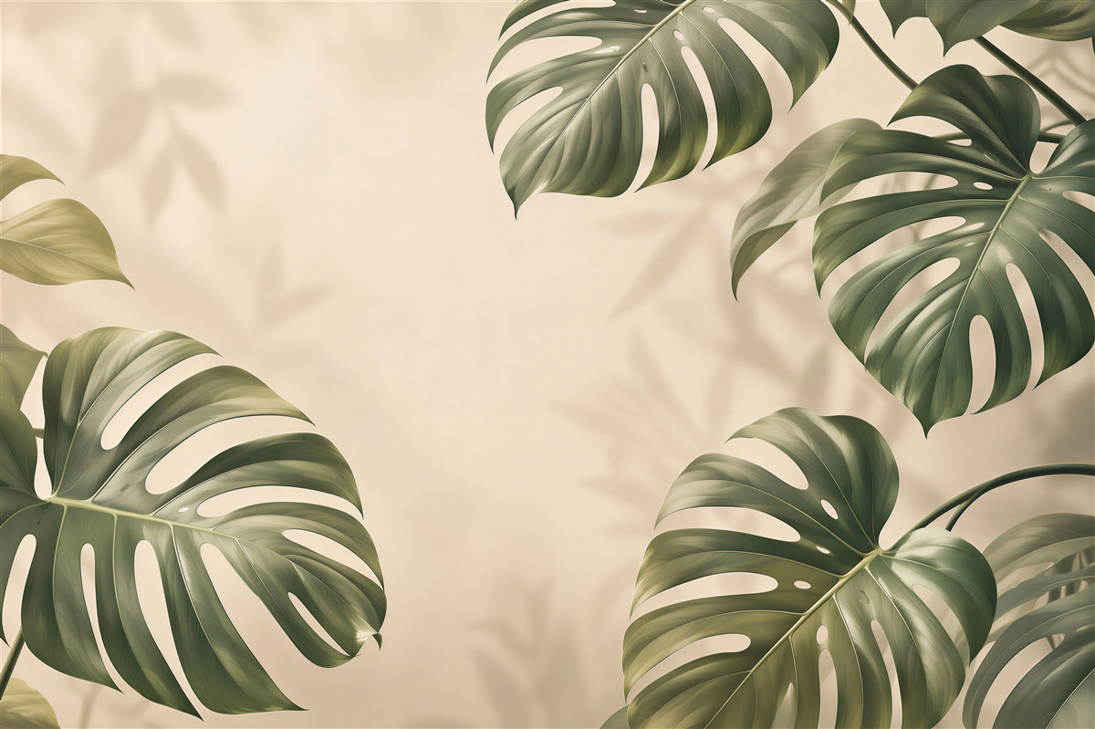 Fototapeta liście monstery zielone na beżowym tle w stylu tropical
