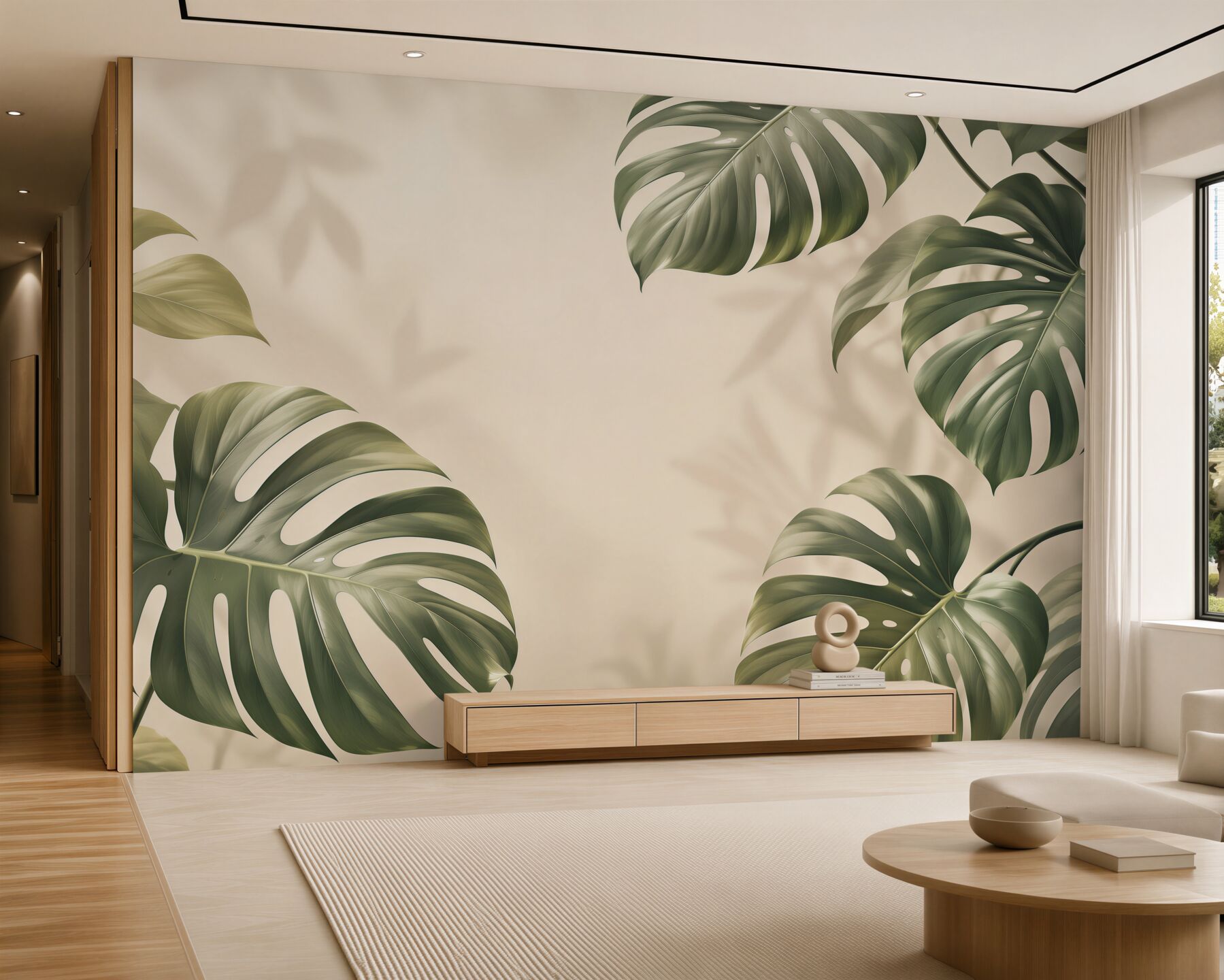 Fototapeta liście monstery zielone na beżowym tle w stylu tropical?v23