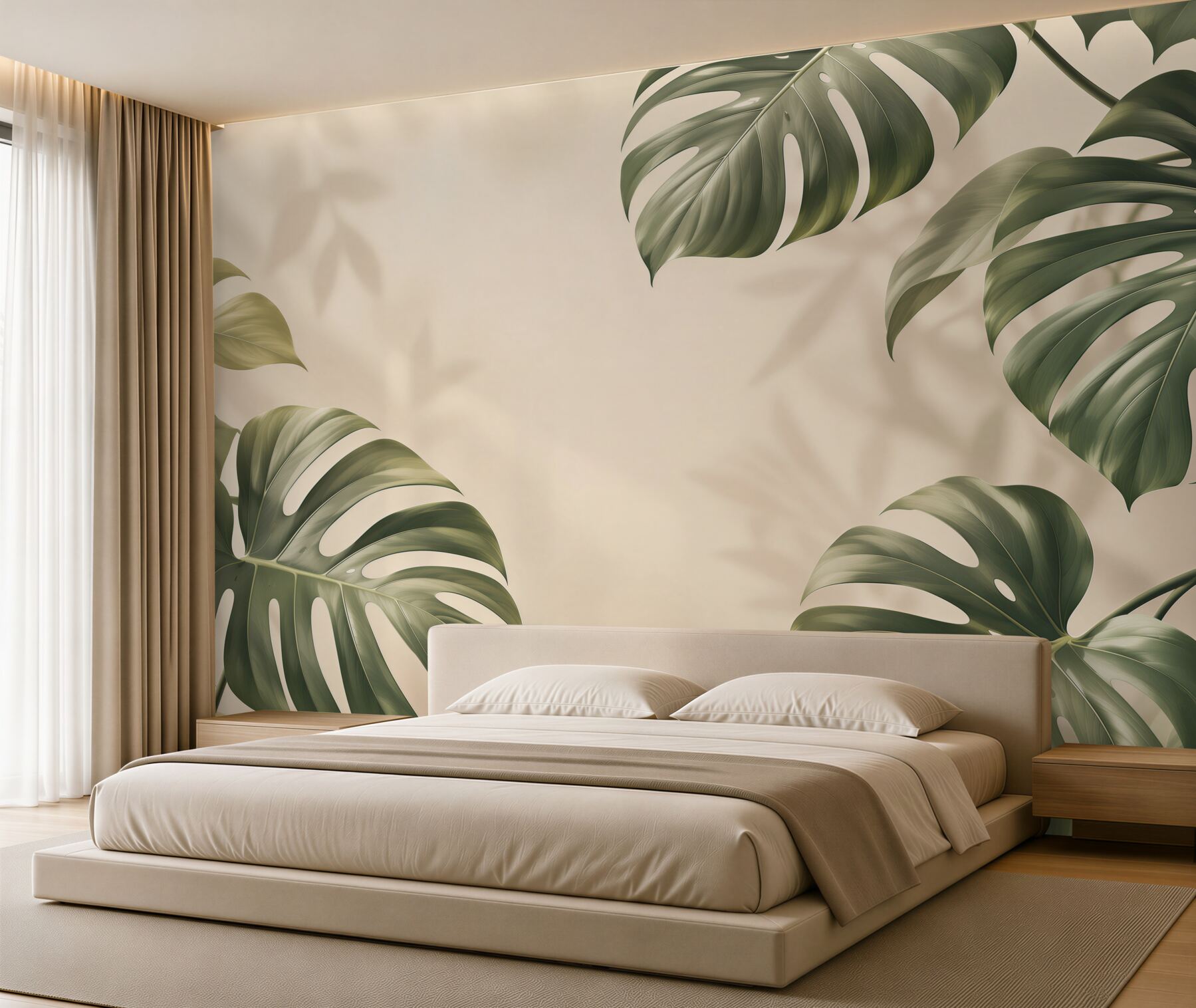 Fototapeta liście monstery zielone na beżowym tle w stylu tropical?v23