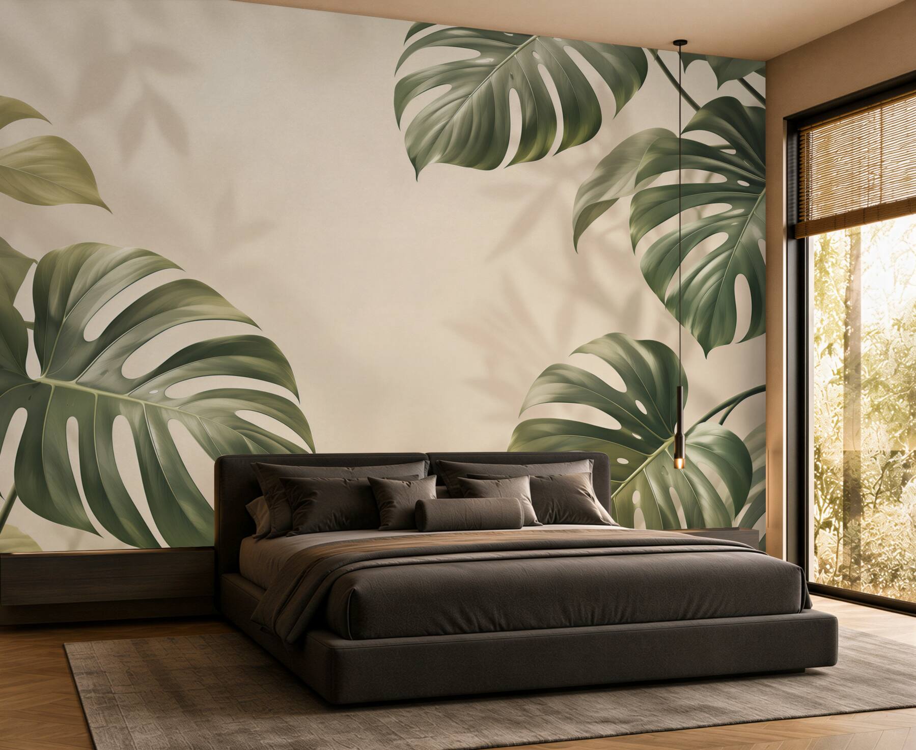 Fototapeta liście monstery zielone na beżowym tle w stylu tropical?v23