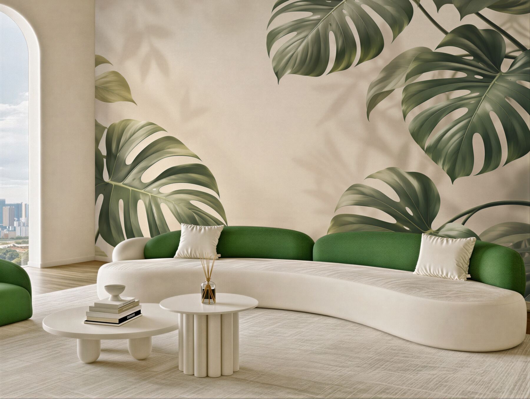 Fototapeta liście monstery zielone na beżowym tle w stylu tropical?v23