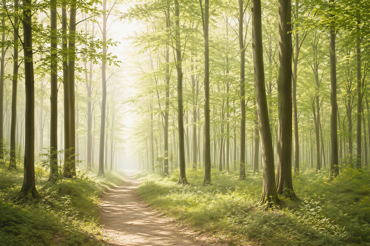 Fototapeta leśna ścieżka w porannym świetle zielona i relaksująca