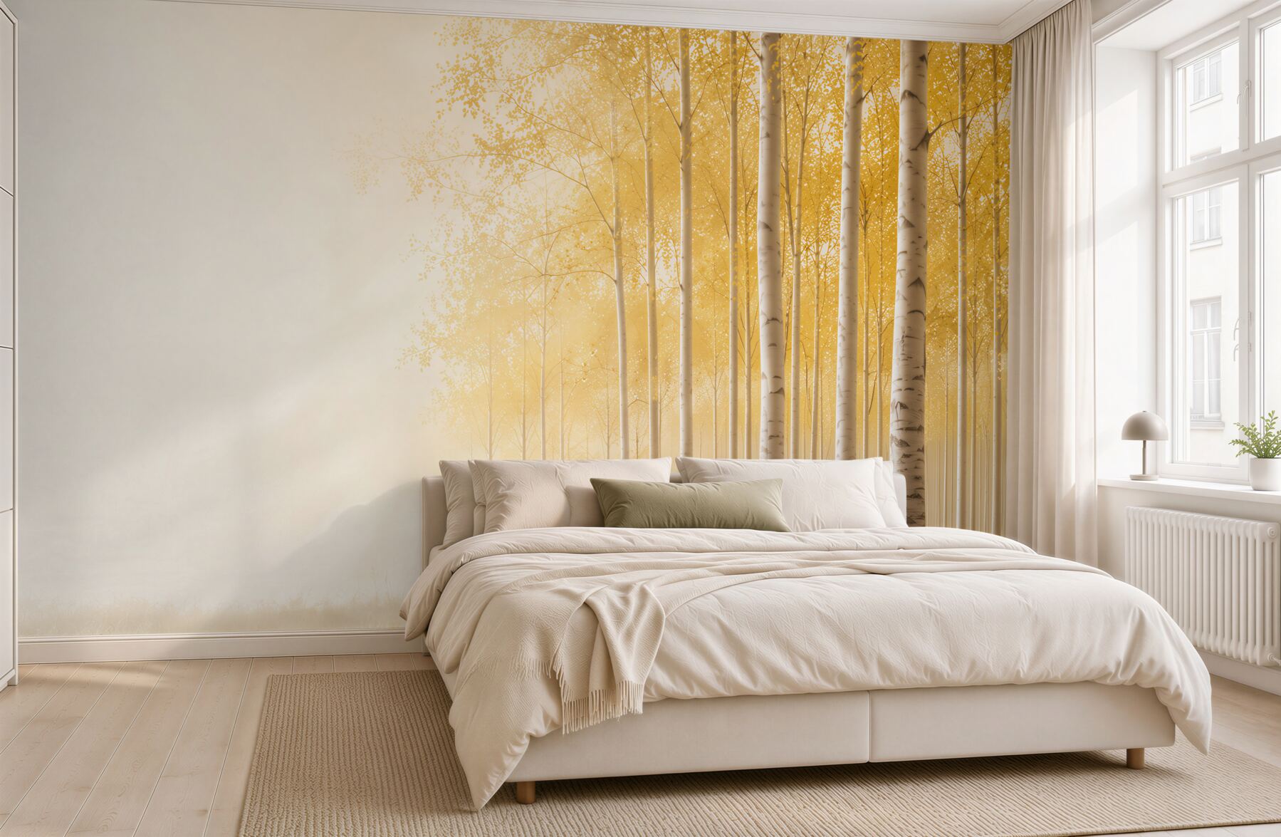 Fototapeta brzozowy las złoty we mgle spokojny krajobraz?v23
