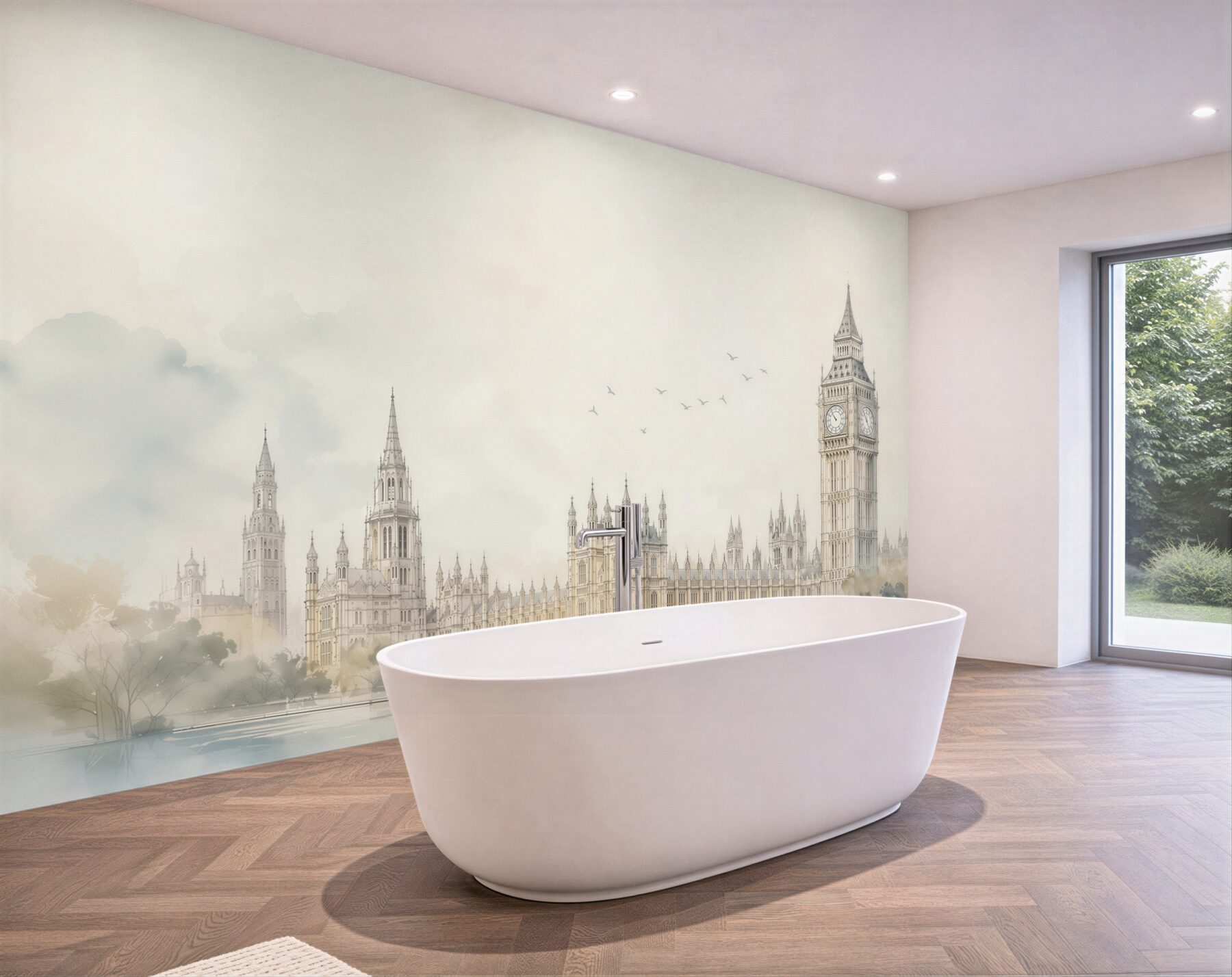 Fototapeta londyński pałac z wieżą zegarową w delikatnej mgle szkicowa?v23