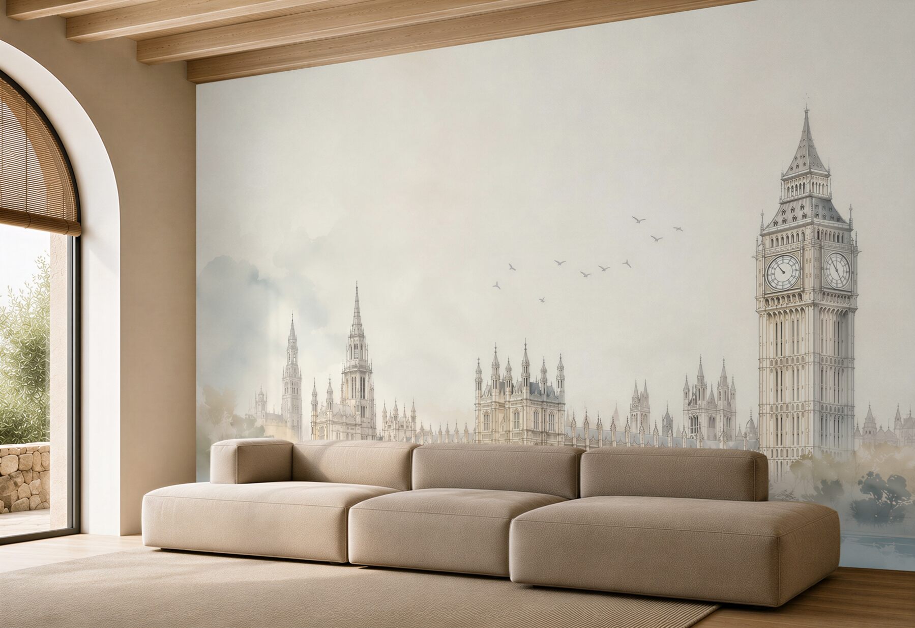 Fototapeta londyński pałac z wieżą zegarową w delikatnej mgle szkicowa?v23