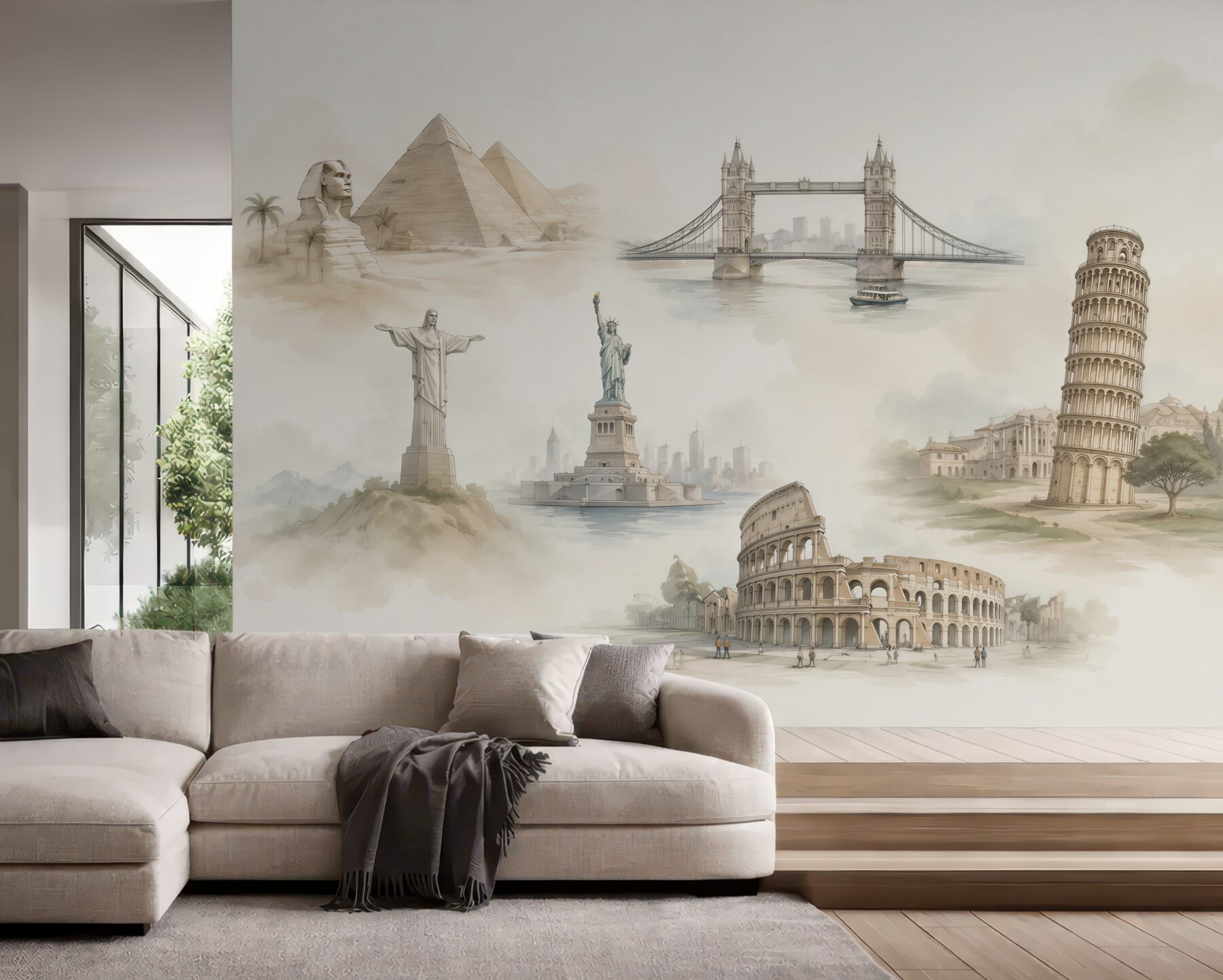 Fototapeta światowe zabytki w sepii podróżniczy kolaż architektury?v23