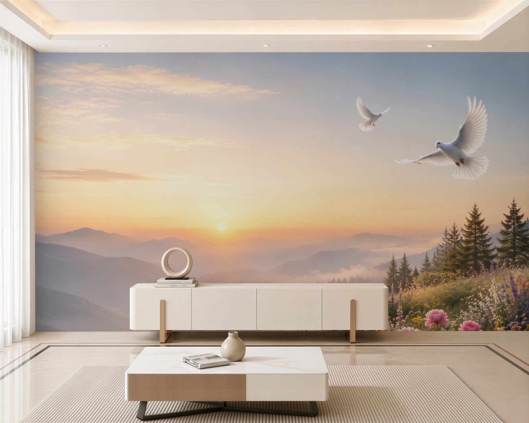 Fototapeta górski wschód słońca z gołębiami i kwiatami w pastelowych barwach?v23