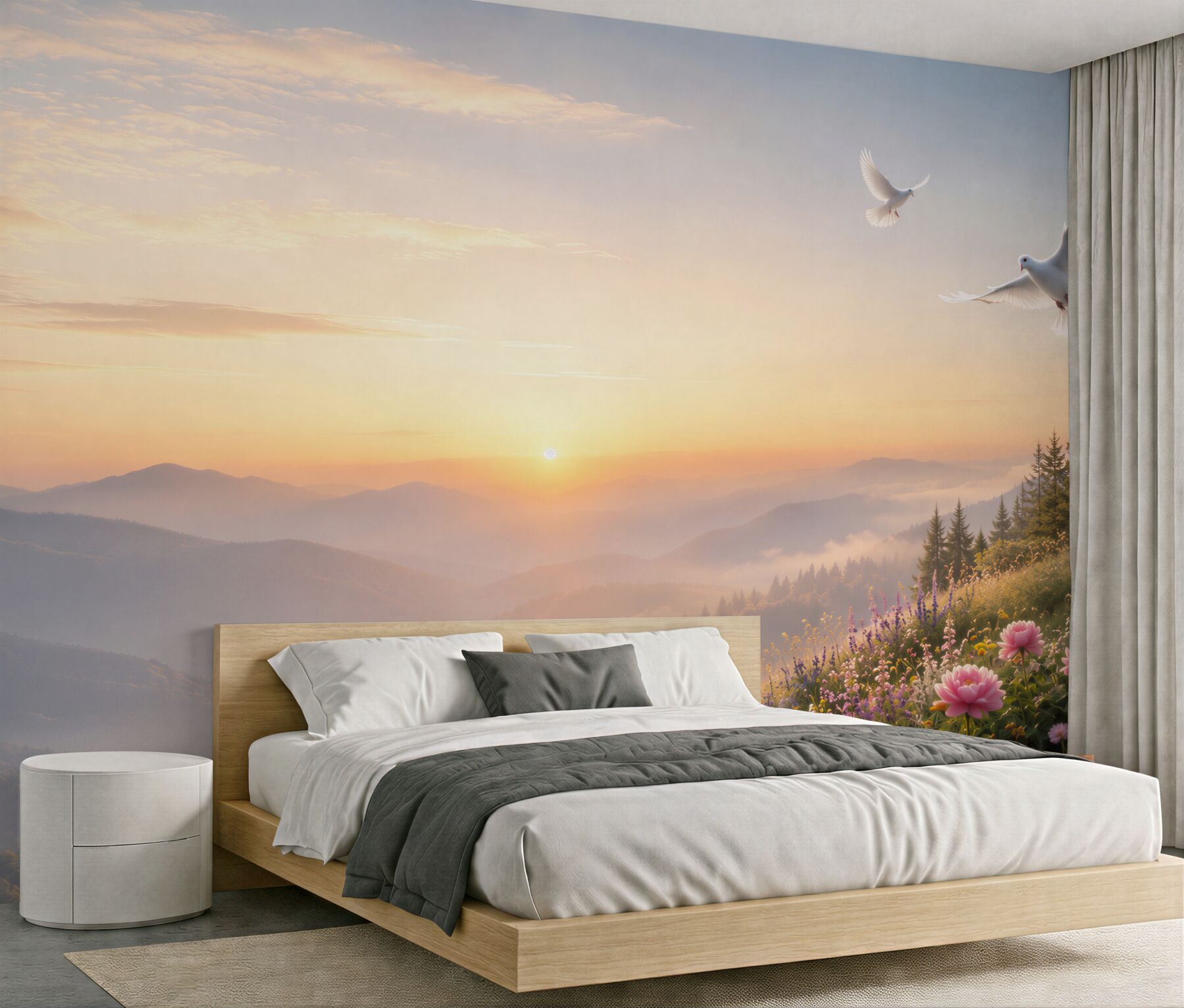 Fototapeta górski wschód słońca z gołębiami i kwiatami w pastelowych barwach?v23