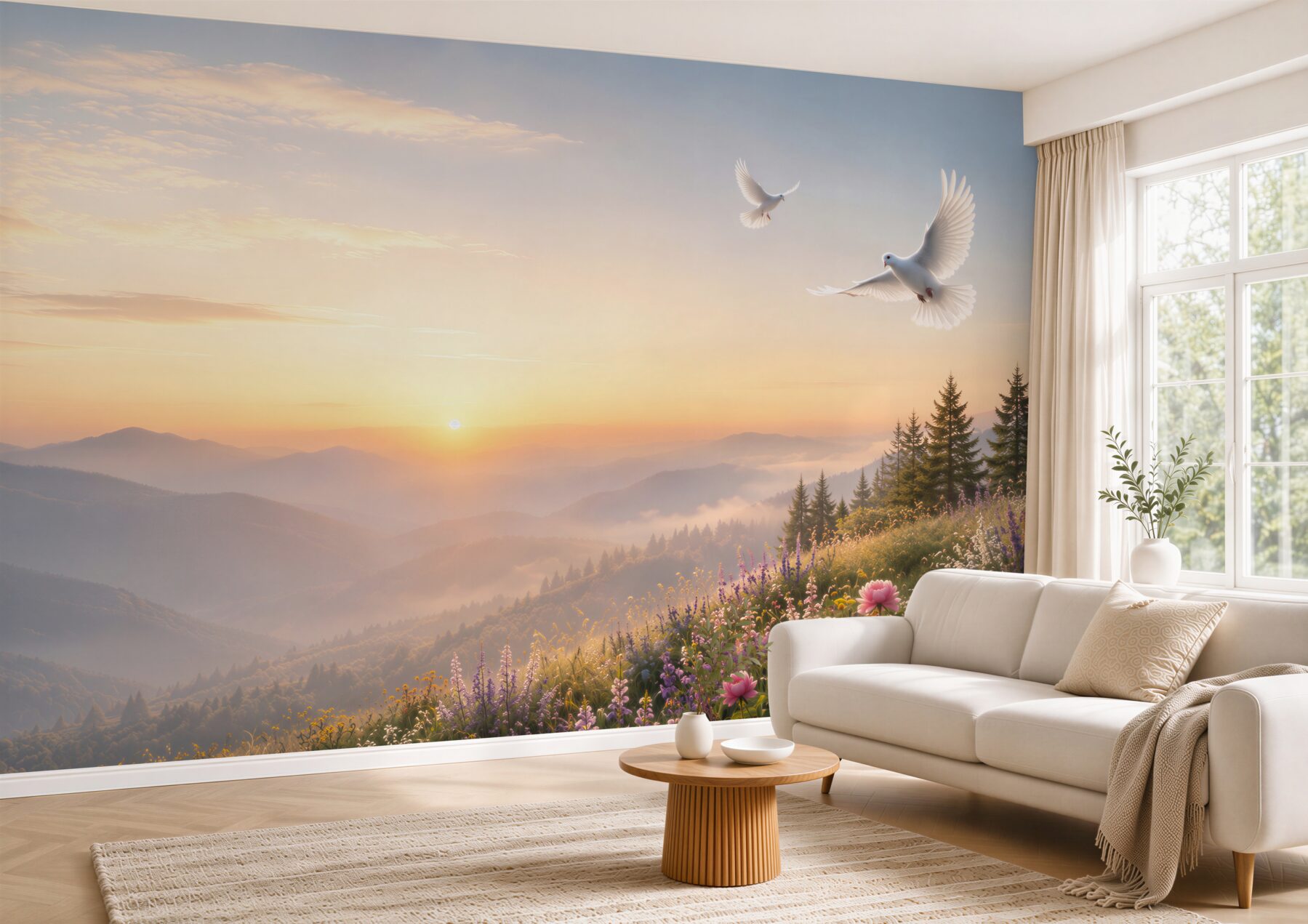 Fototapeta górski wschód słońca z gołębiami i kwiatami w pastelowych barwach?v23