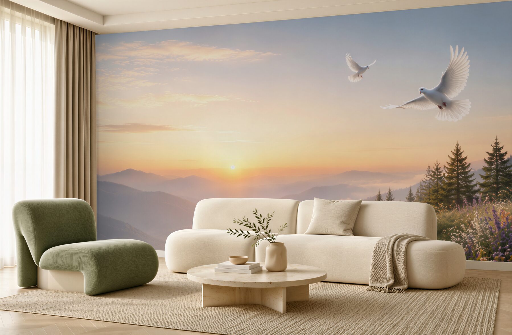 Fototapeta górski wschód słońca z gołębiami i kwiatami w pastelowych barwach?v23