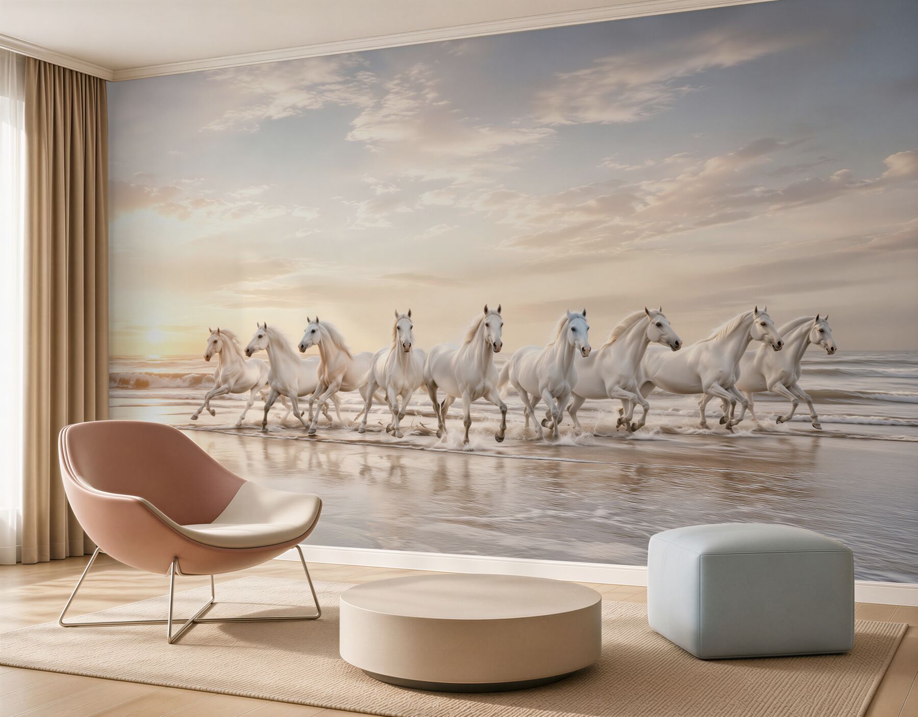Fototapeta białe konie galopujące po plaży o wschodzie słońca?v23