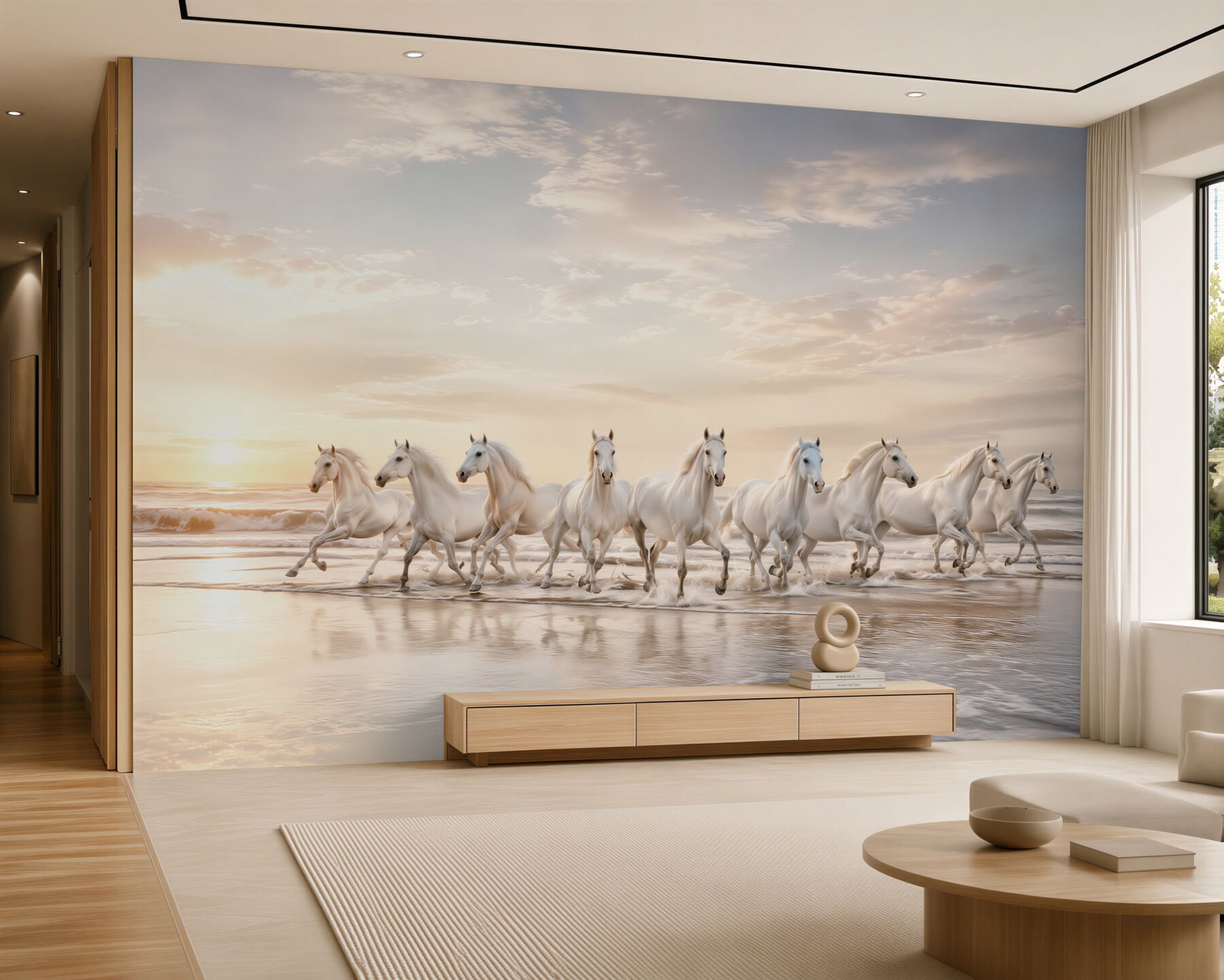 Fototapeta białe konie galopujące po plaży o wschodzie słońca?v23
