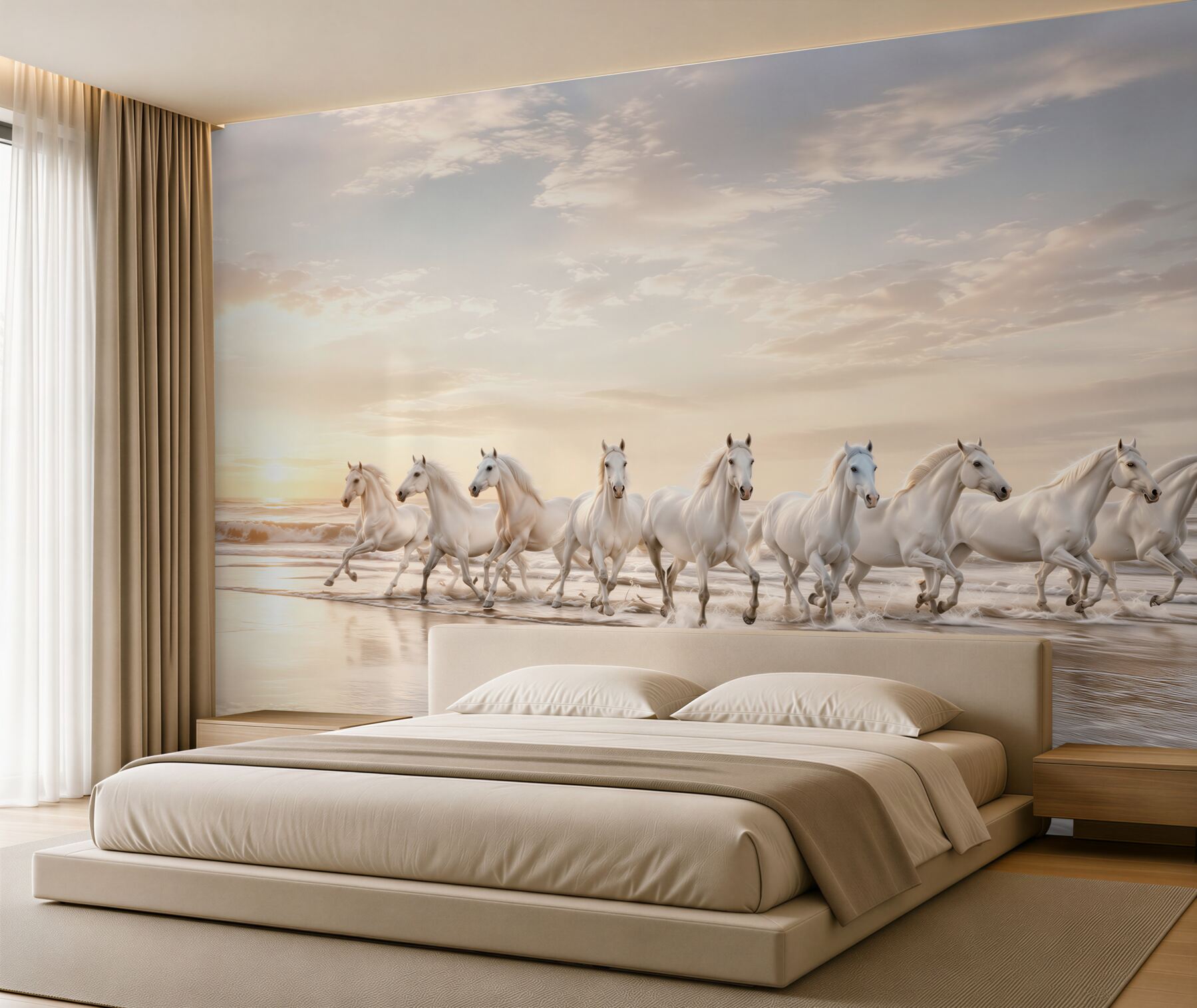 Fototapeta białe konie galopujące po plaży o wschodzie słońca?v23