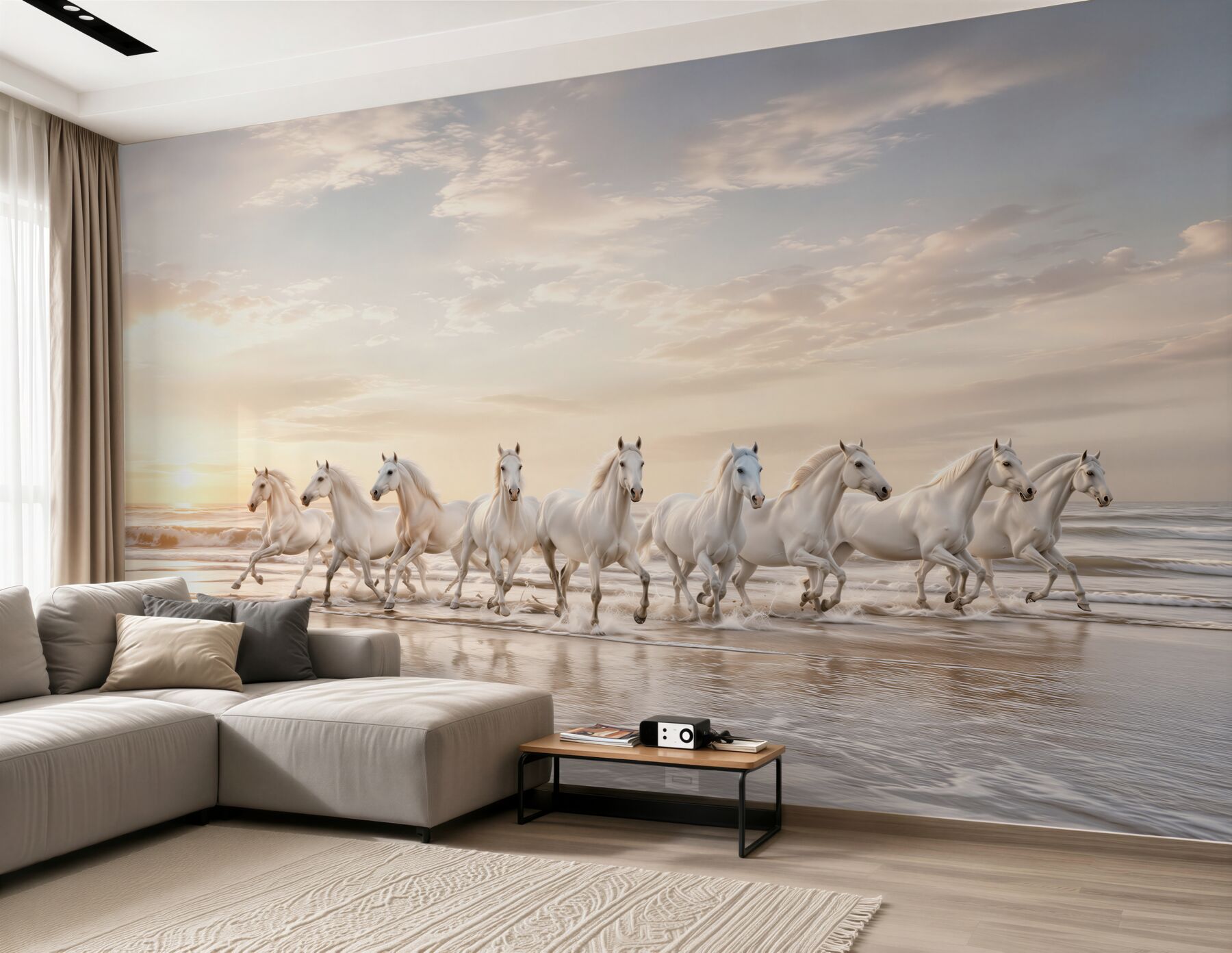 Fototapeta białe konie galopujące po plaży o wschodzie słońca?v23