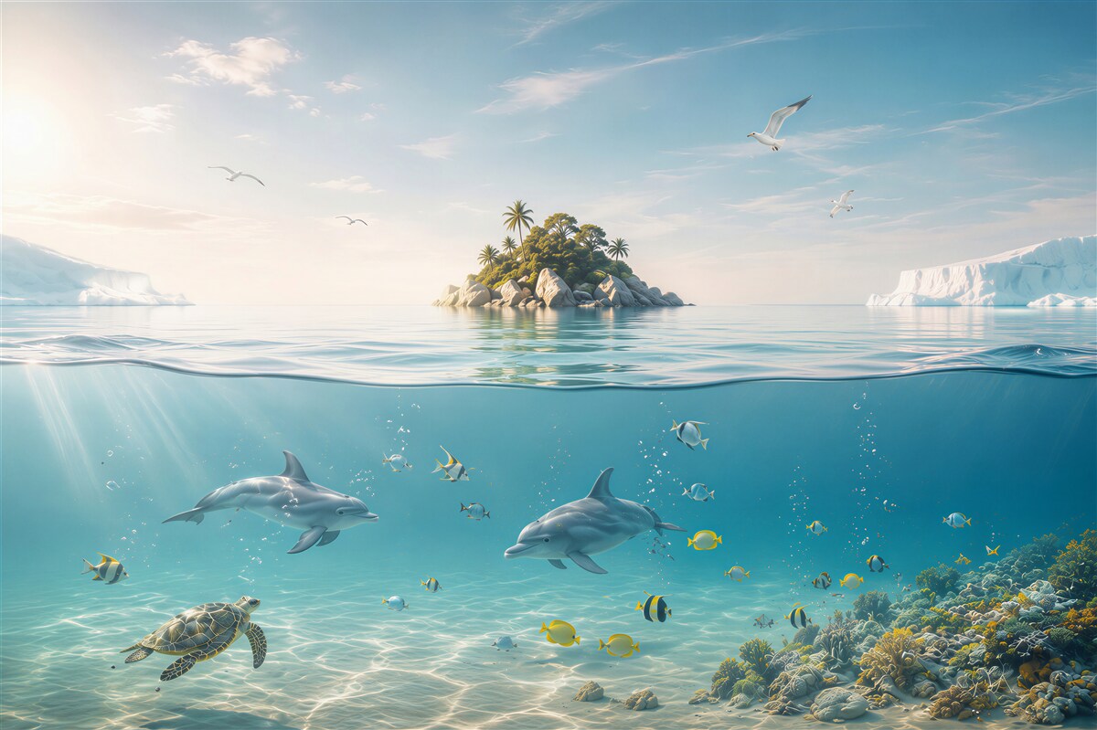 Fototapeta delfiny i żółw w turkusowym oceanie z tropikalną wyspą