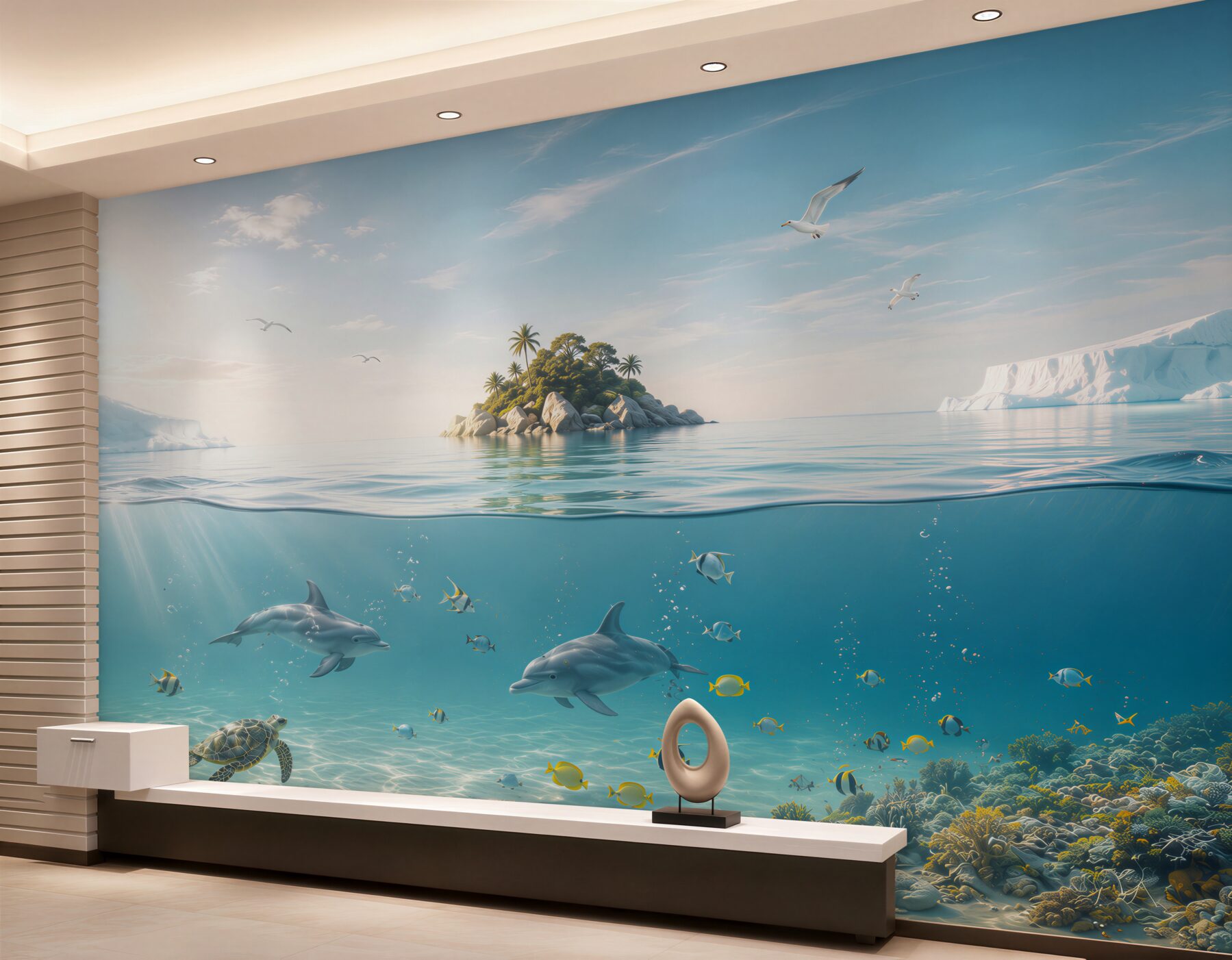 Fototapeta delfiny i żółw w turkusowym oceanie z tropikalną wyspą