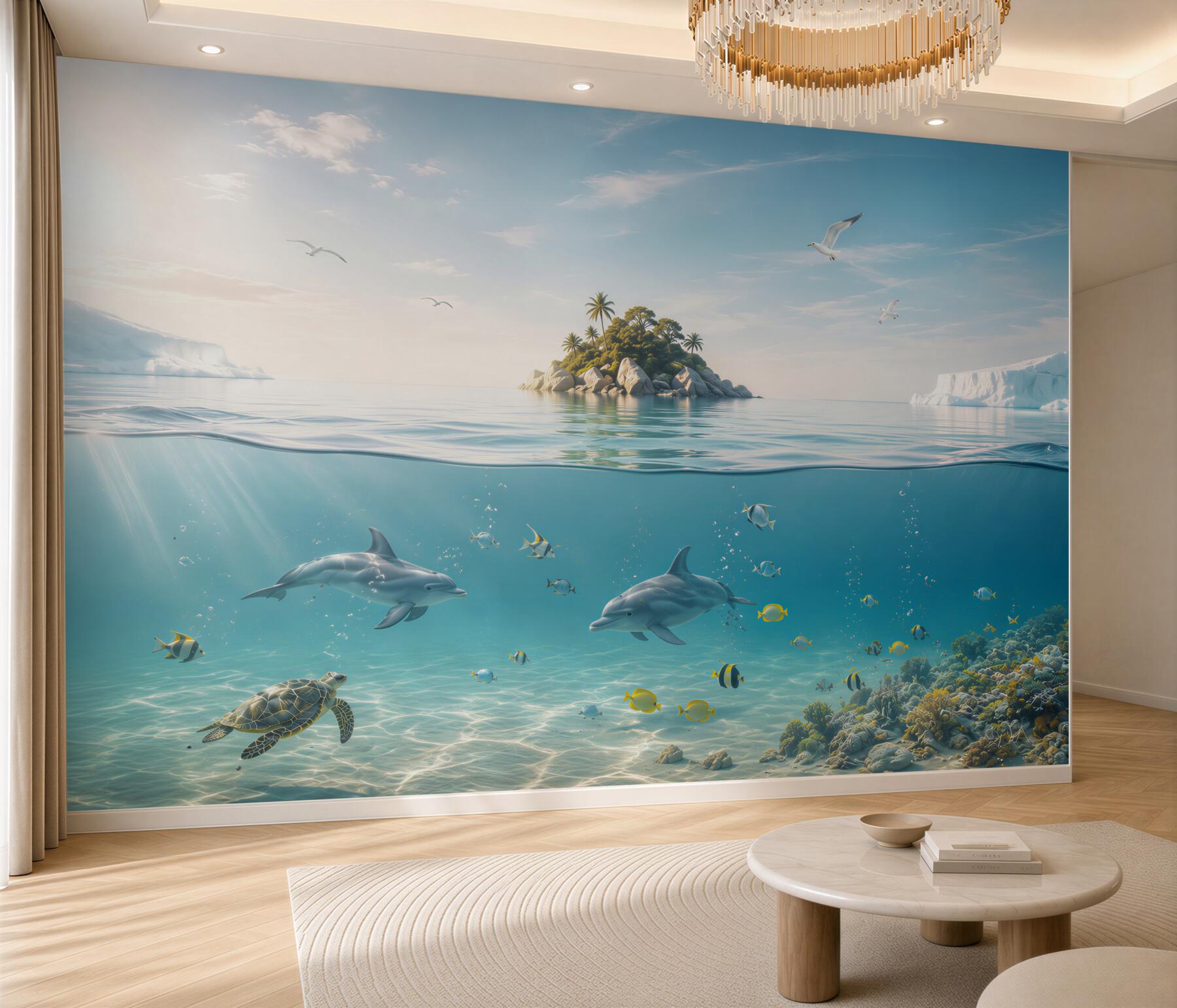 Fototapeta delfiny i żółw w turkusowym oceanie z tropikalną wyspą?v23