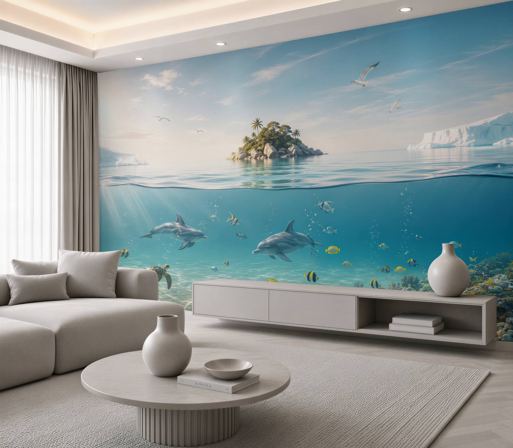 Fototapeta delfiny i żółw w turkusowym oceanie z tropikalną wyspą?v23