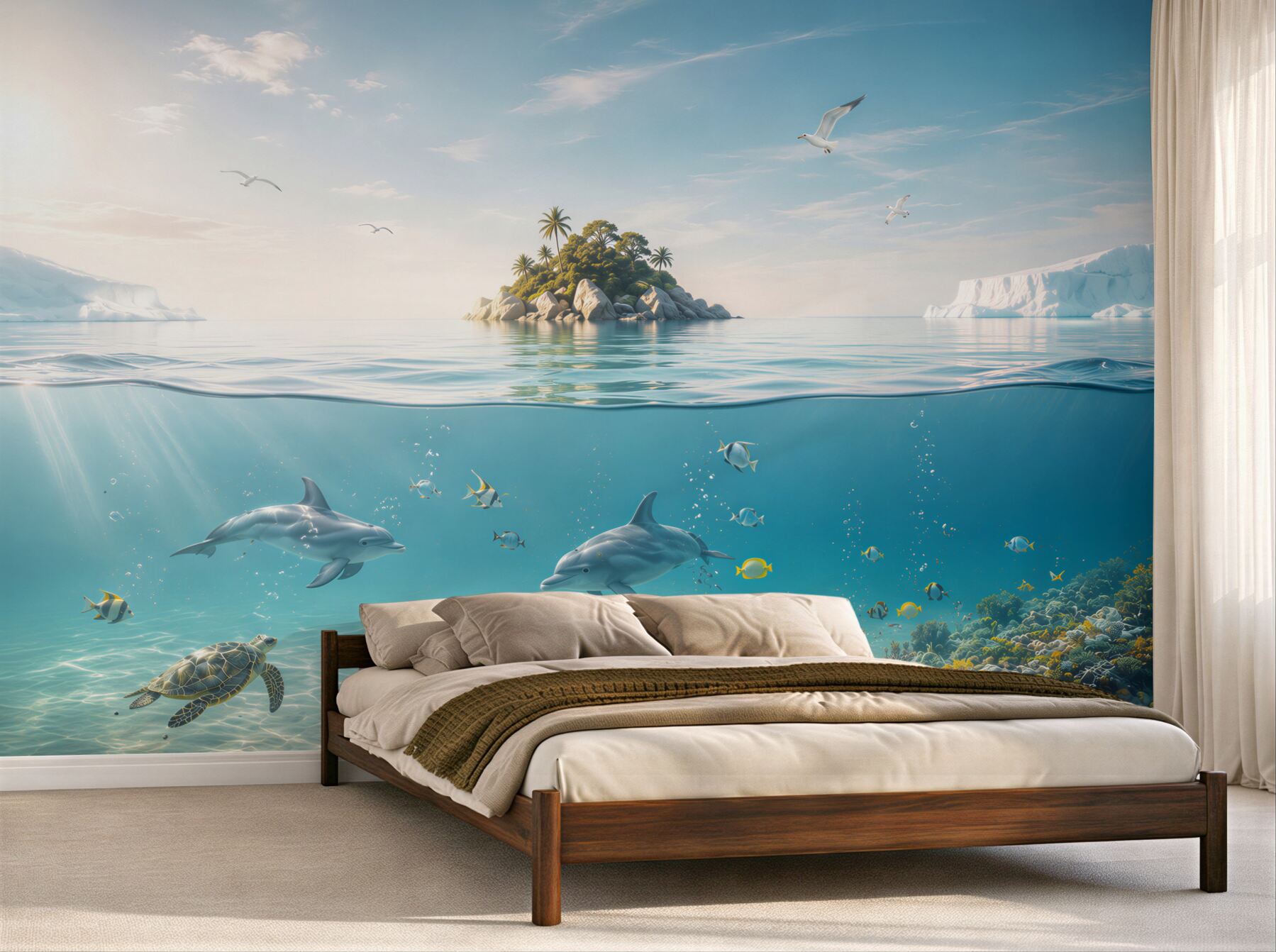 Fototapeta delfiny i żółw w turkusowym oceanie z tropikalną wyspą?v23