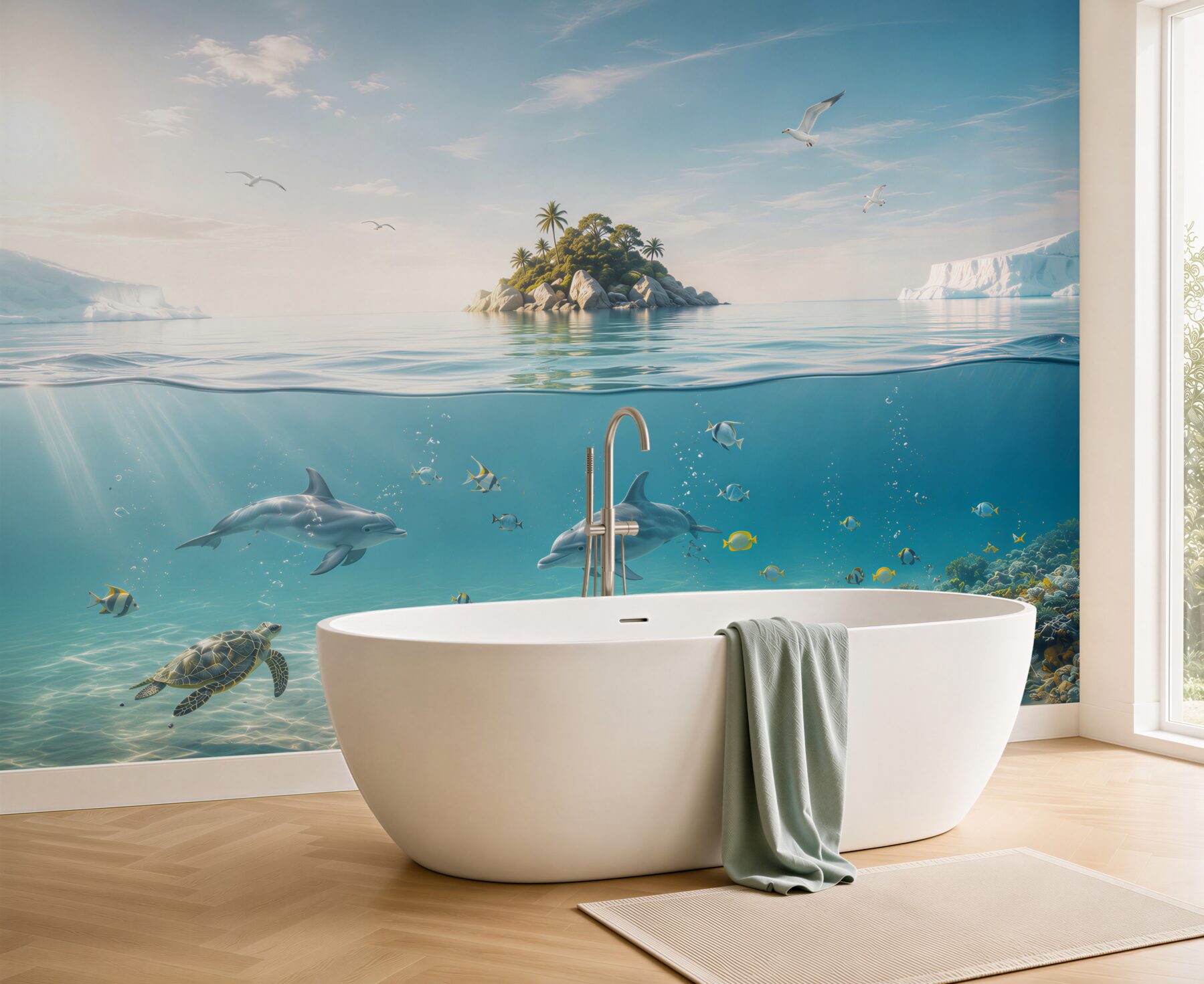 Fototapeta delfiny i żółw w turkusowym oceanie z tropikalną wyspą?v23
