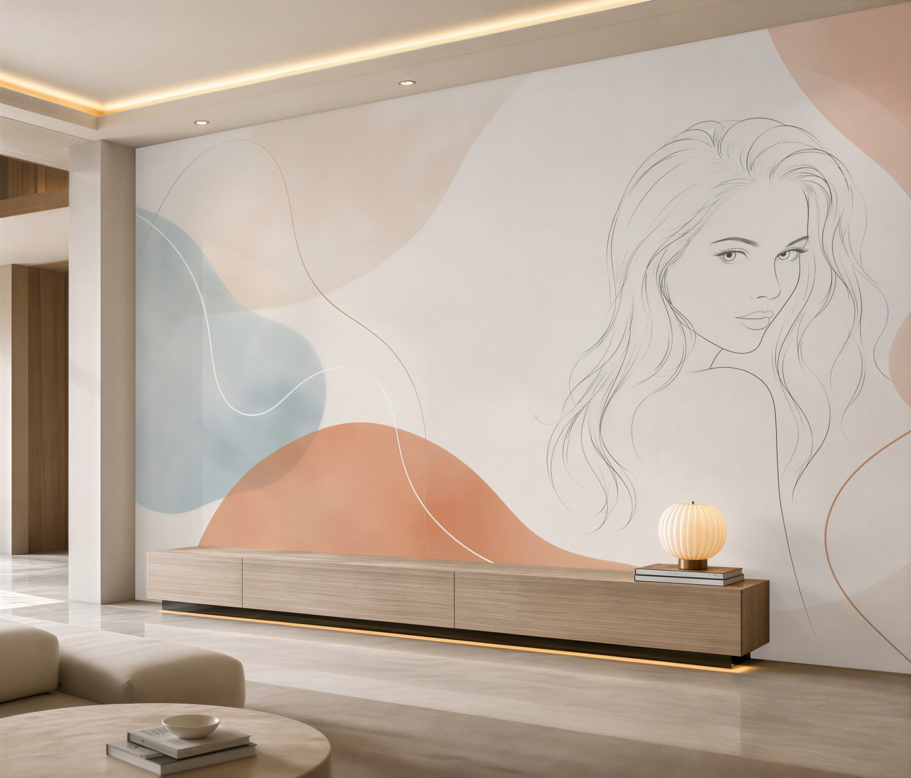 Fototapeta kobieta line art w pastelowych beżach i błękitach nowoczesna?v23